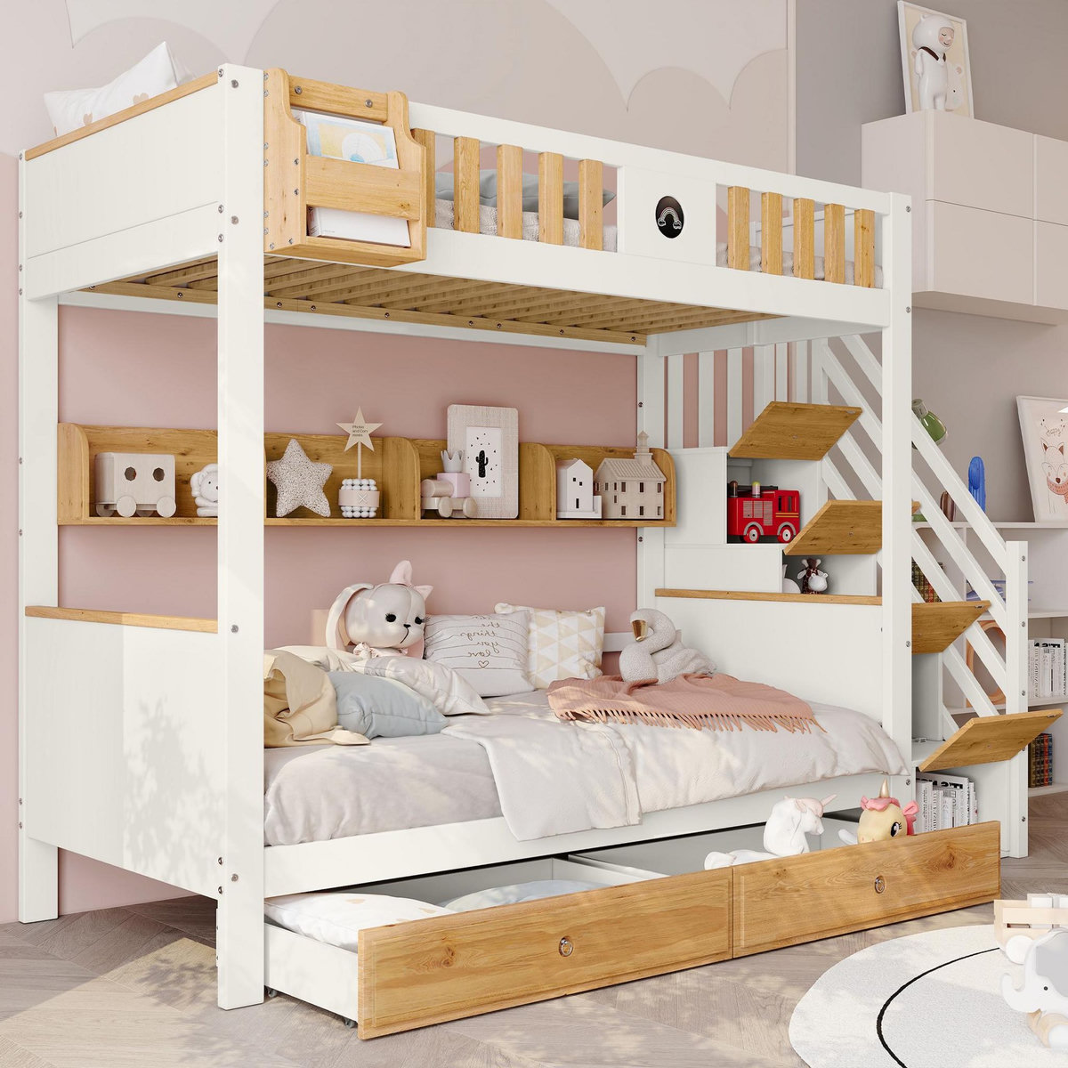 MERAX Lit superposé 90x200(120x200)cm bois et mdf coloris blanc+naturel