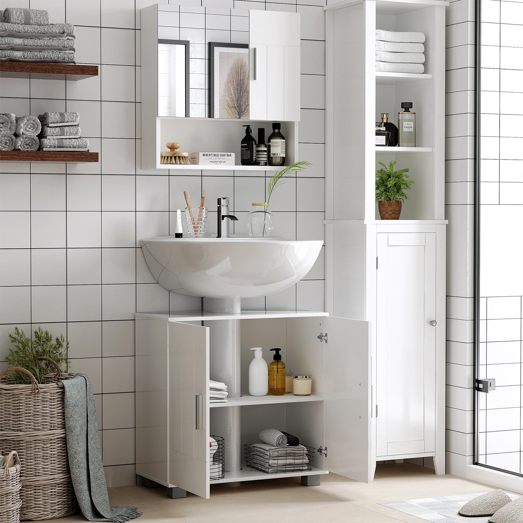 Voir la diapositive 2 : KLEANKIN Armoire murale miroir de salle de bain - 2 portes, étagères, niche - dim. 54l x 15,2l x 55,3h cm - mdf blanc