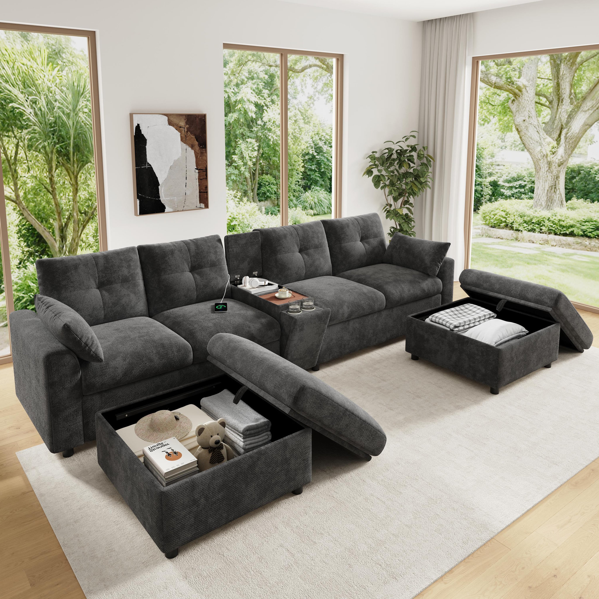 Voir la diapositive 2 : MERAX Canapé d'angle modulable 6 places u/l avec 2 poufs rangement usb type-c chenille