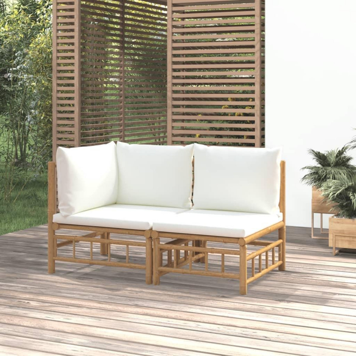 VIDAXL Salon de jardin 2 pcs avec coussins blanc creme bambou