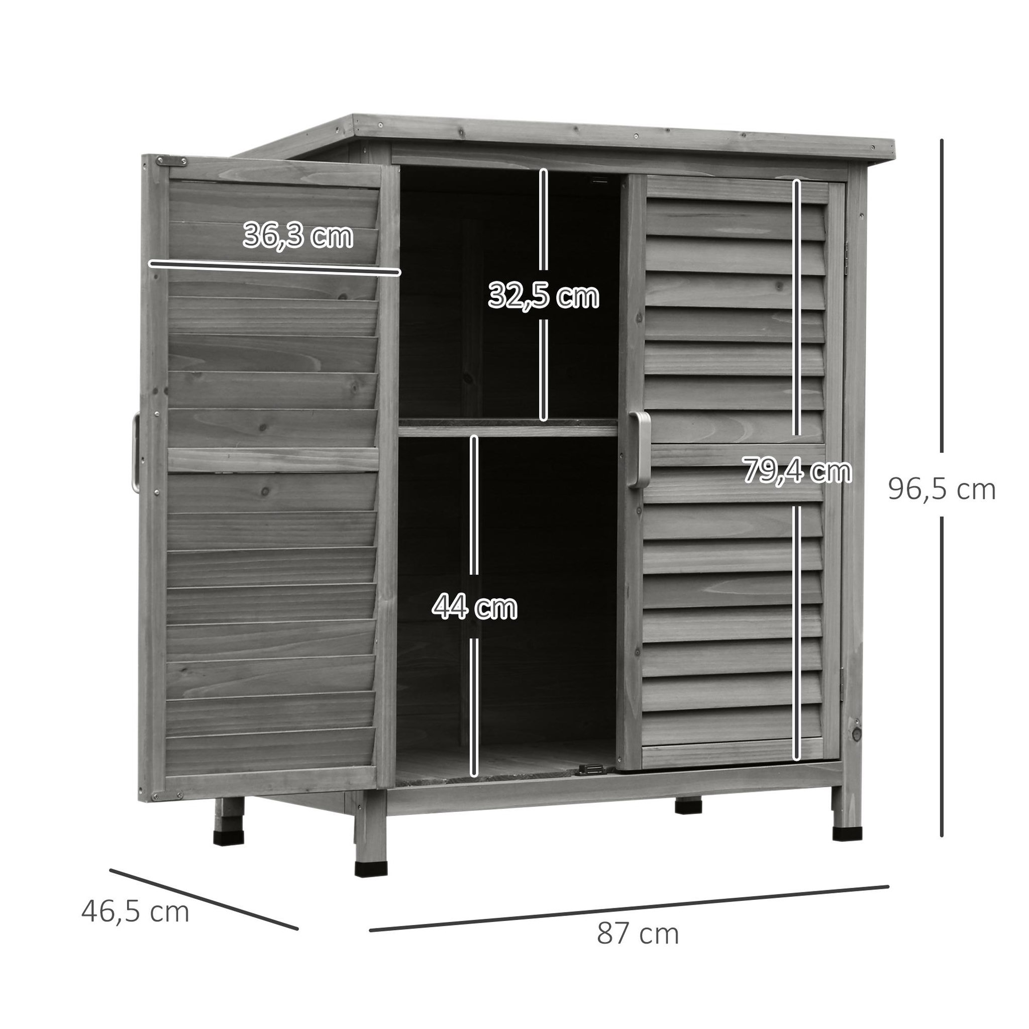 Voir la diapositive 3 : OUTSUNNY Armoire de jardin abri jardin remise pour outils sur pied dim. 87L x 46l x 96H cm étagère portes persiennes toit bitumé bois sapin autoclave gris