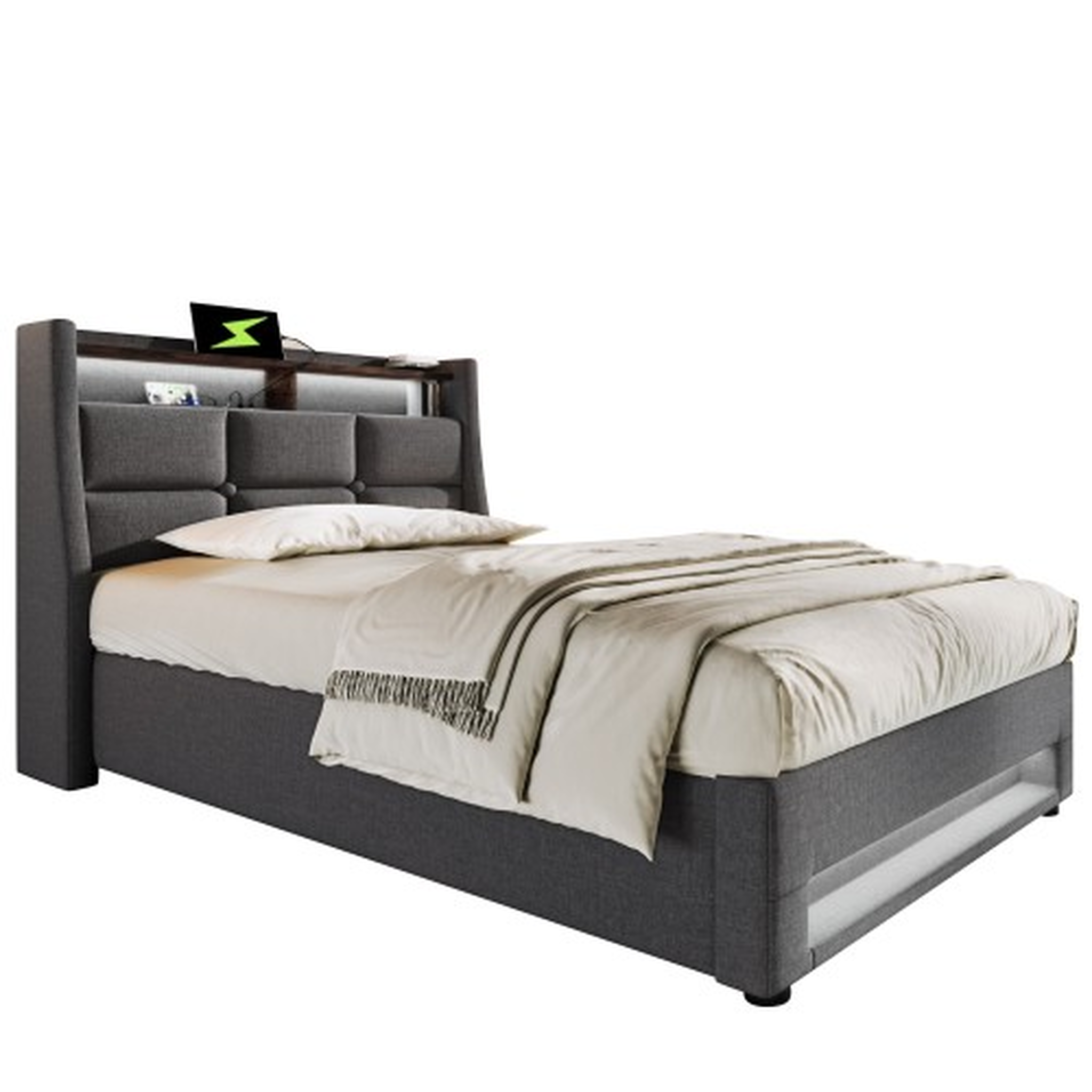MERAX Lit coffre avec USB et LED Lin gris. Coloris disponibles : Beige, Gris