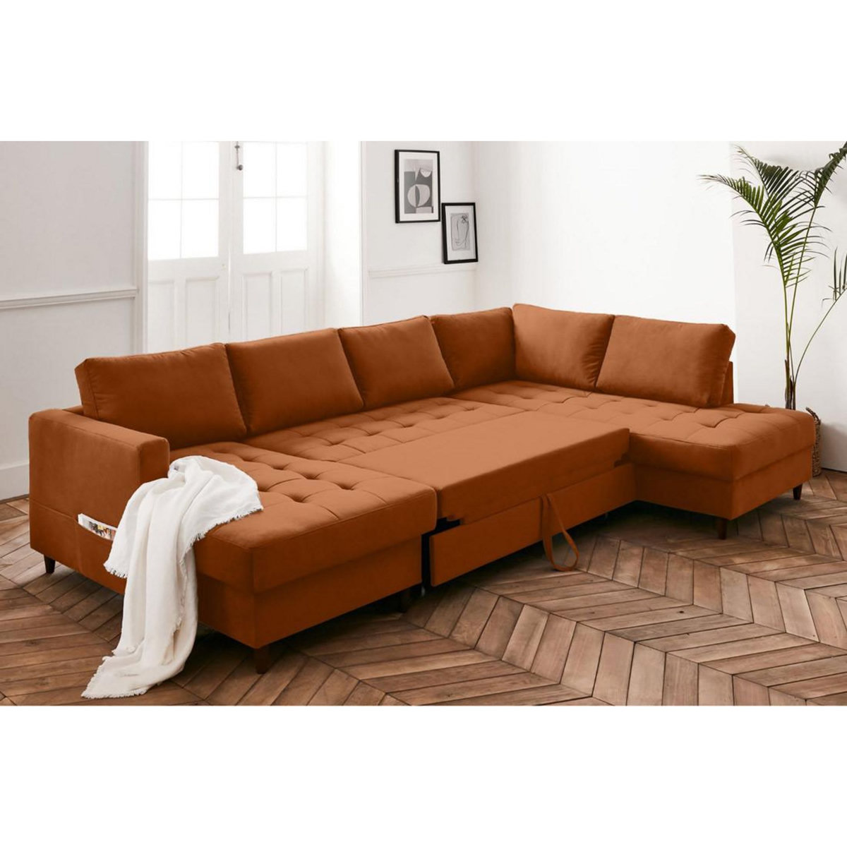 LISA DESIGN Anna - canapé panoramique d'angle droit - 7 places - convertible avec coffre - en velours