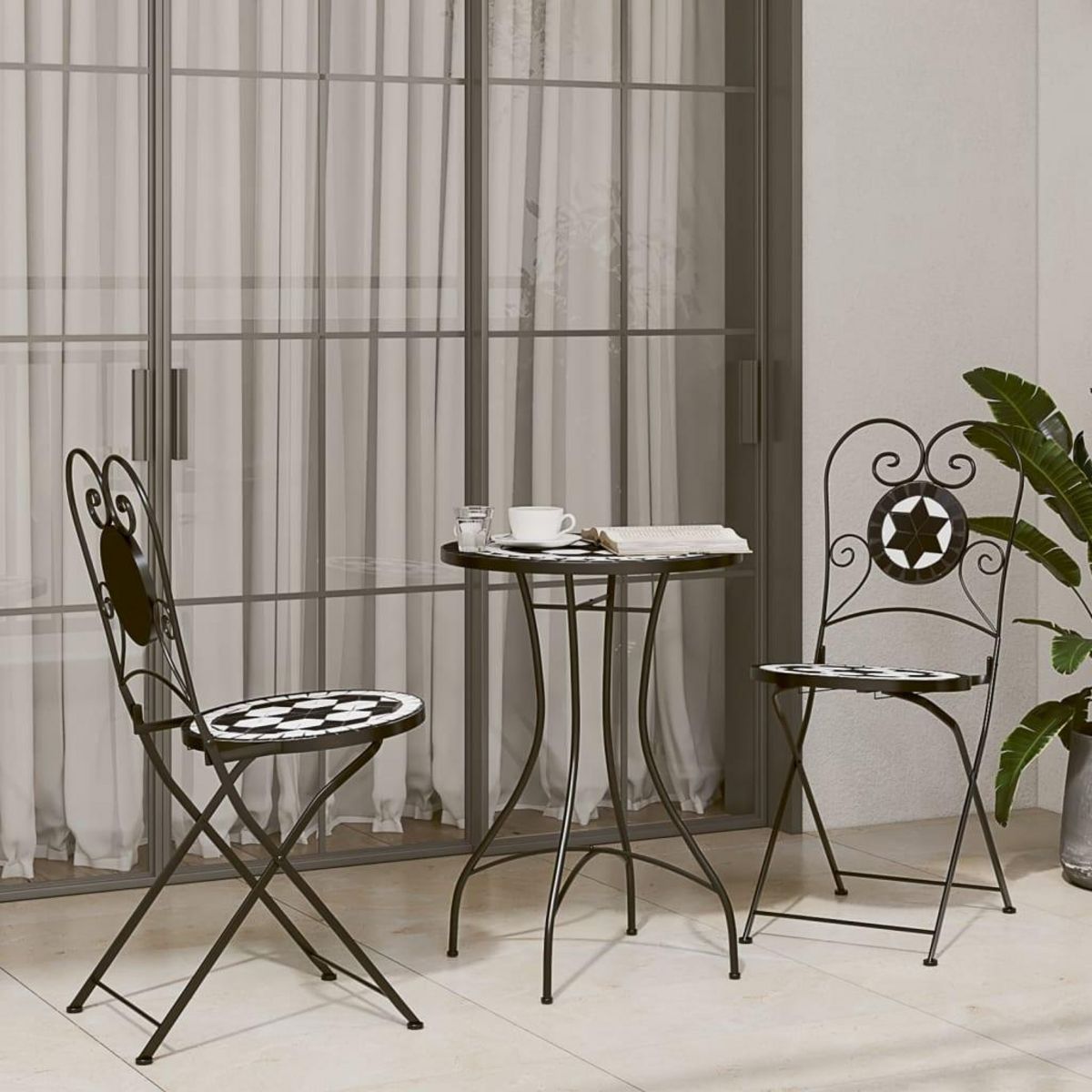 VIDAXL Chaises de bistro pliables lot de 2 noir et blanc ceramique