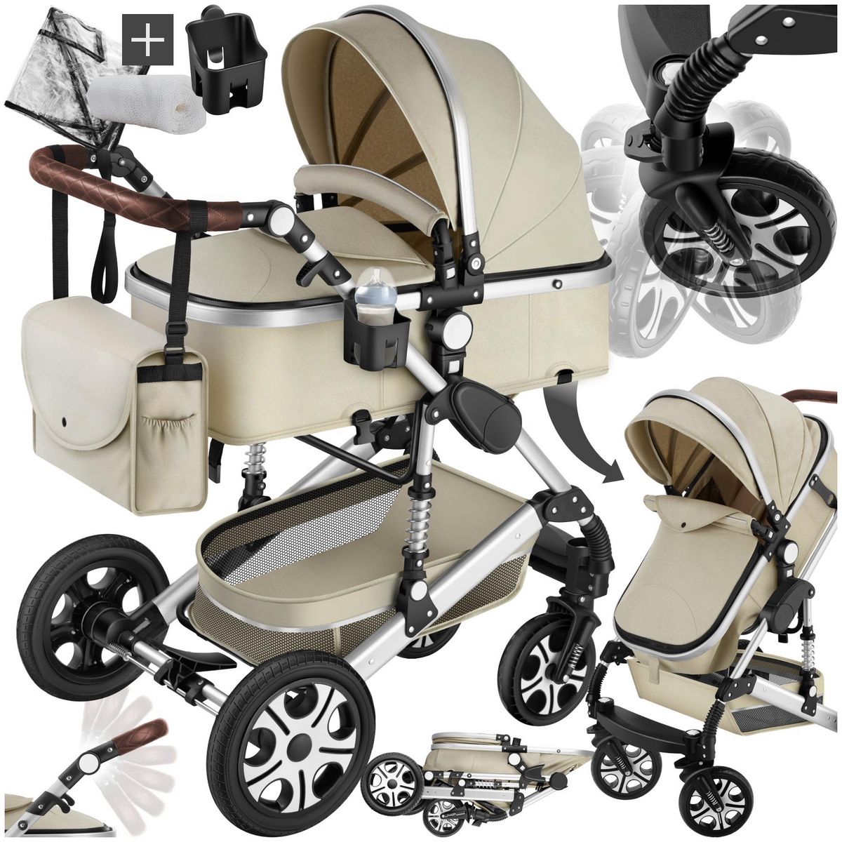 tectake Poussette combinée 2-en-1 pliable avec harnais à 5 points, frein, arceau de sécurité et dragonne gris/beige