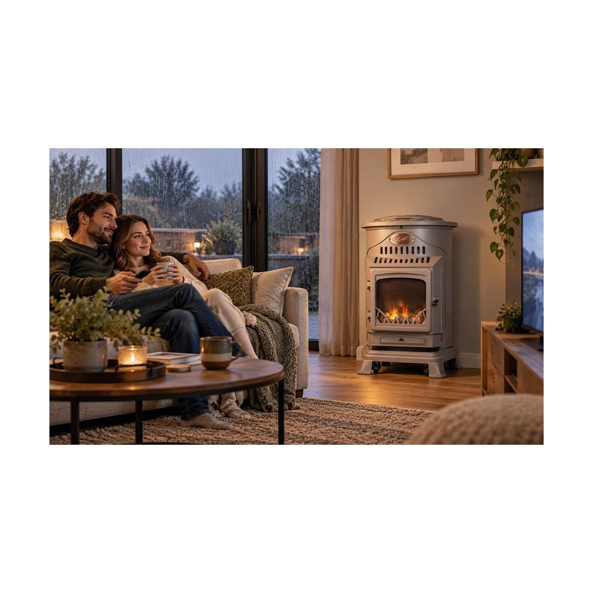 Voir la diapositive 4 : UNIVERSAL Poele à gaz 3,4 KW MARRON Effet poêle à bois Fonte véritable + Tuyau gaz + détendeur butane Provence Sahara