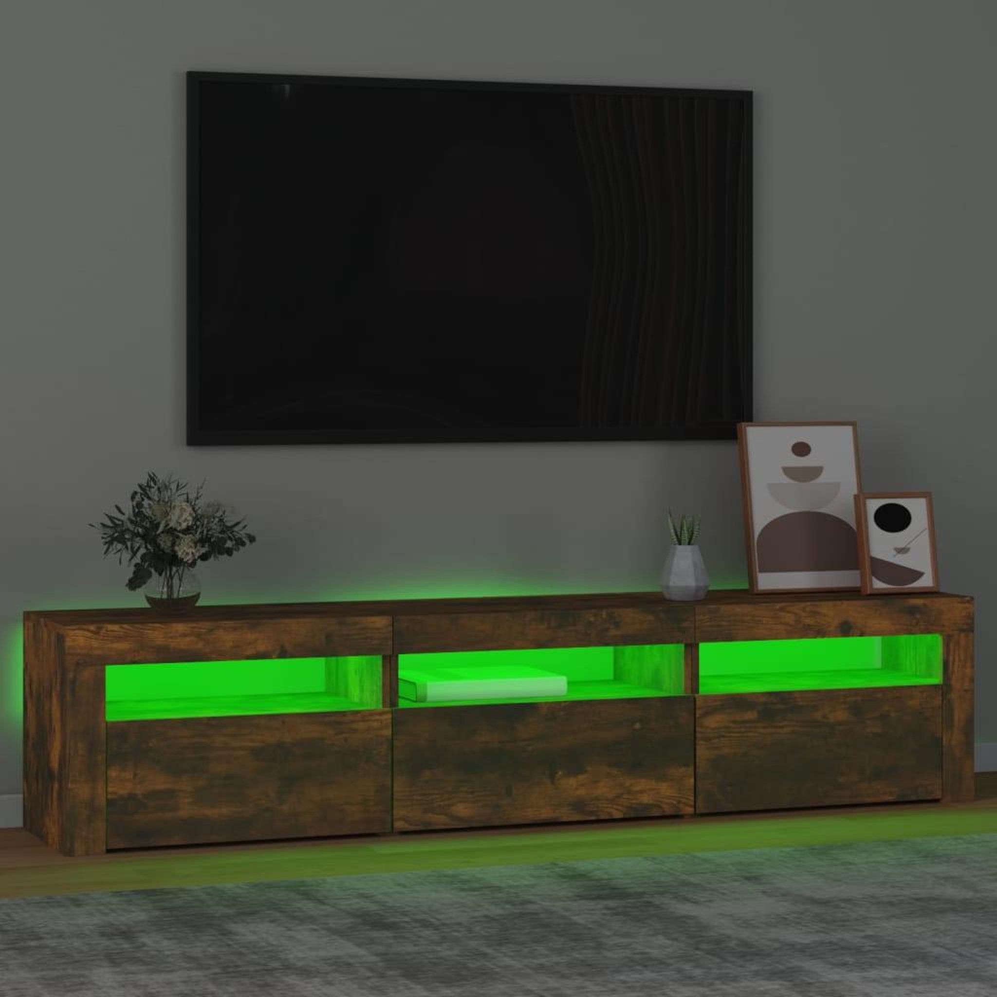 Voir la diapositive 4 : VIDAXL Meuble TV avec lumieres LED Chene fume 180x35x40 cm
