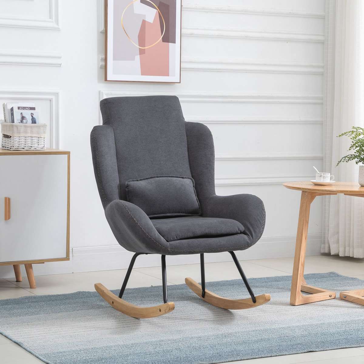 HOMCOM Fauteuil à bascule oreilles rocking chair grand confort accoudoirs assise dossier garnissage mousse haute densité lin gris