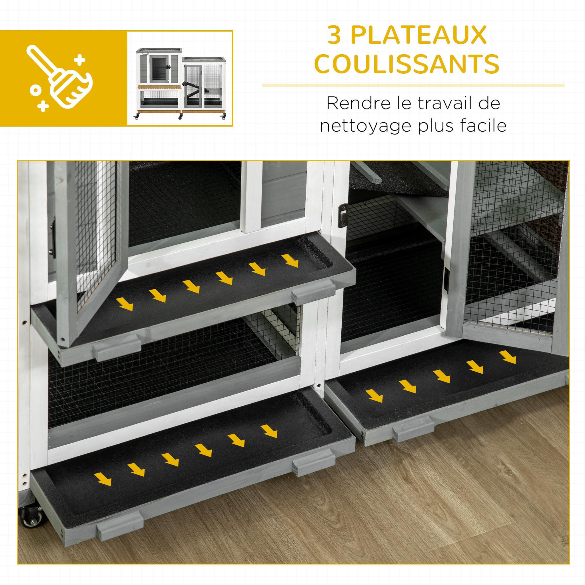 Voir la diapositive 6 : PAWHUT Clapier à lapin sur roulettes cage à lapin 3 niveaux 2 portes verrouillables 3 plateaux coulissants rampes bois sapin acier gris blanc