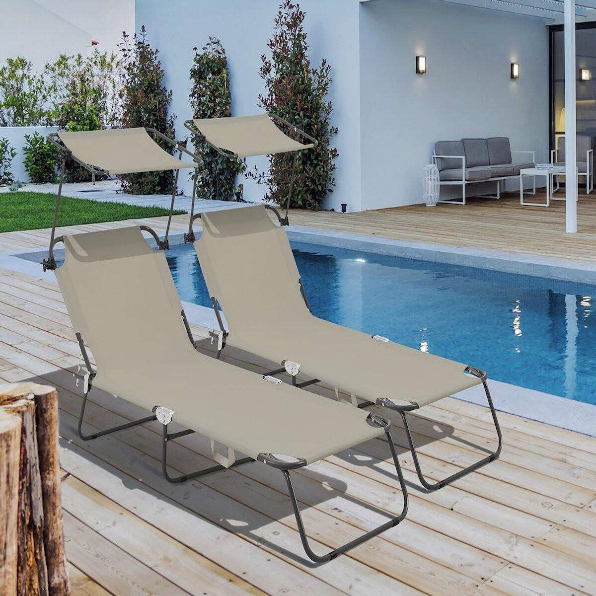 Habitat et Jardin Lot de 2 bains de soleil pliable  Lazy  - Avec pare soleil - Taupe