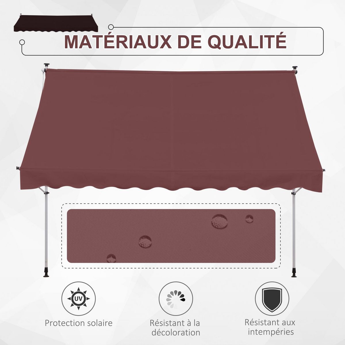 OUTSUNNY Store banne manuel rétractable 3L x 1,5l m inclinaison et hauteur réglable installation rapide métal alu polyester anti-UV bordeaux
