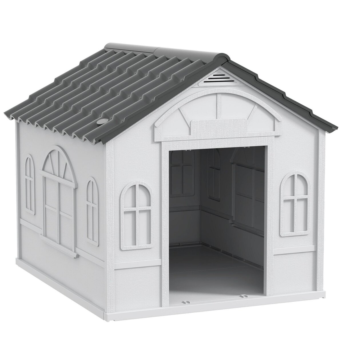PAWHUT Niche chien style cottage dim. 65L x 75l x 63H cm - motifs fenêtres, porte, aération - PP blanc gris