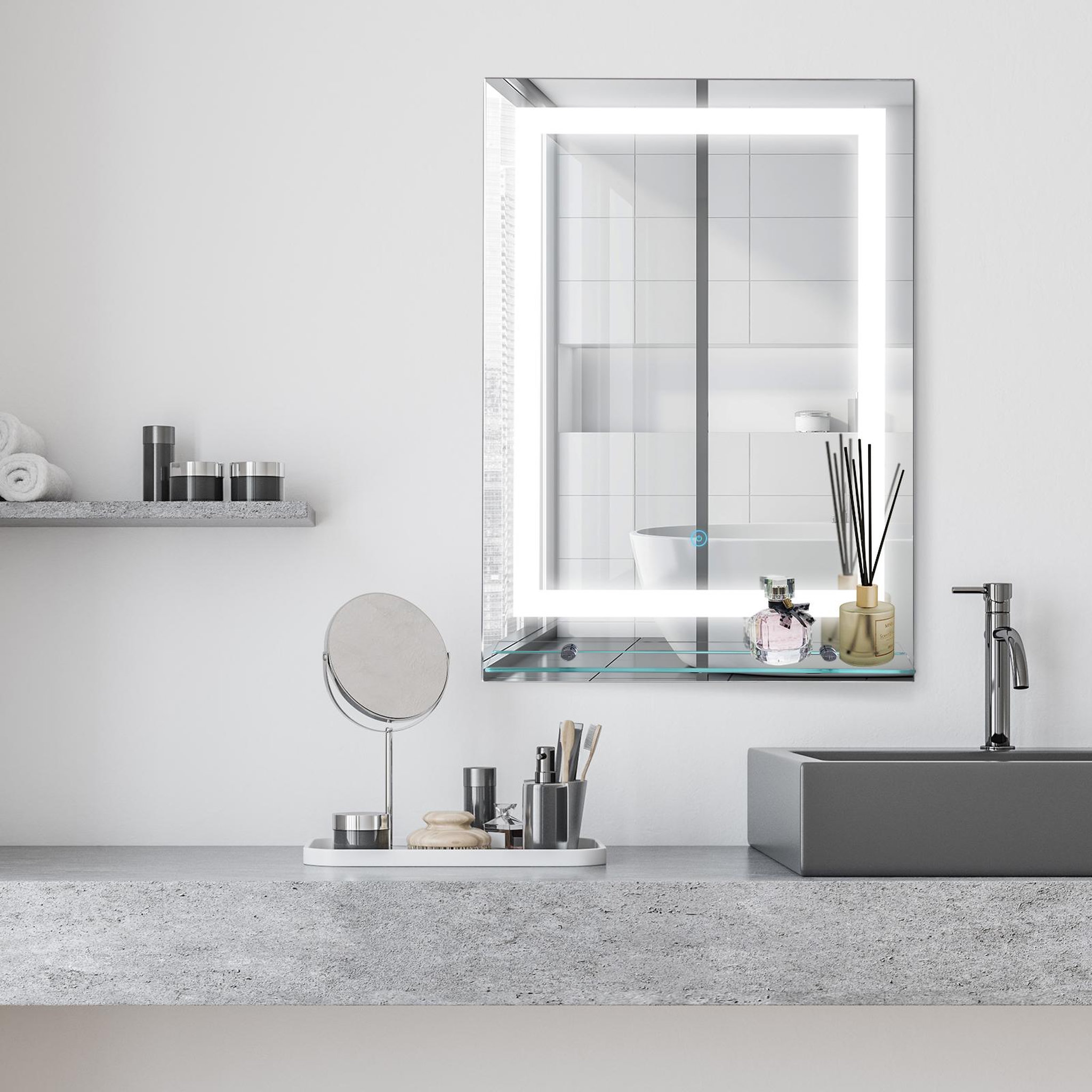 Voir la diapositive 2 : HOMCOM Miroir lumineux LED 22 W interrupteur tactile étagère intégrée 50L x 4l x 70H cm