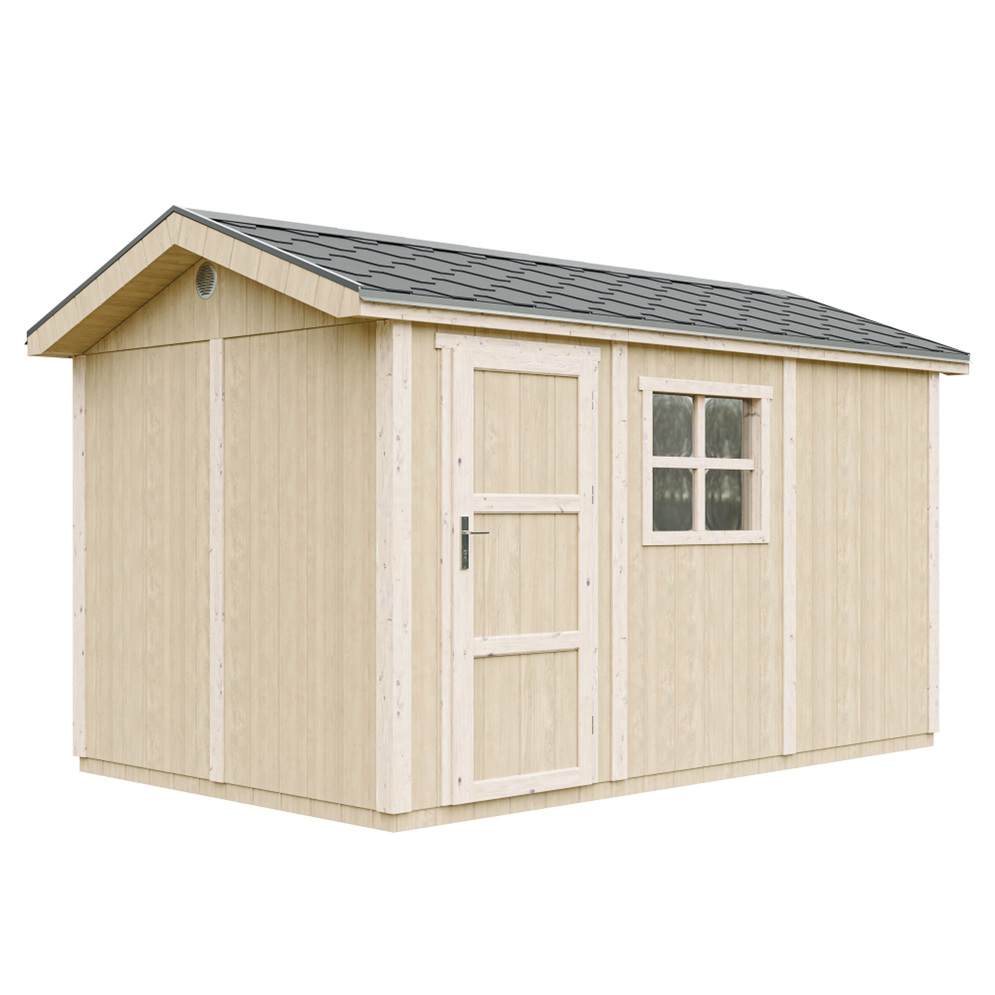 TIMBELA Abri de Jardin Qualité Premium 8,68m² H252x250x412 cm Avec un sol et des bardeaux bitumineux M914. Coloris disponibles : Gris, Marron, Beige, Jaune, Rouge