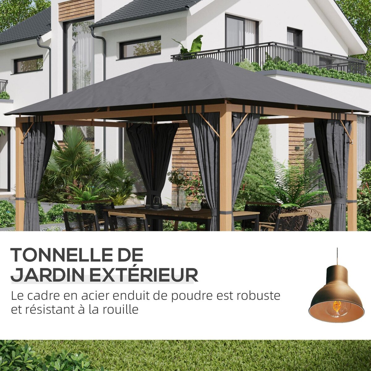 OUTSUNNY Pavillon de jardin style contemporain - barnum avec rideaux - dim. 3,97L x 2,97l x 2,8H m - alu. aspect bois polyester gris