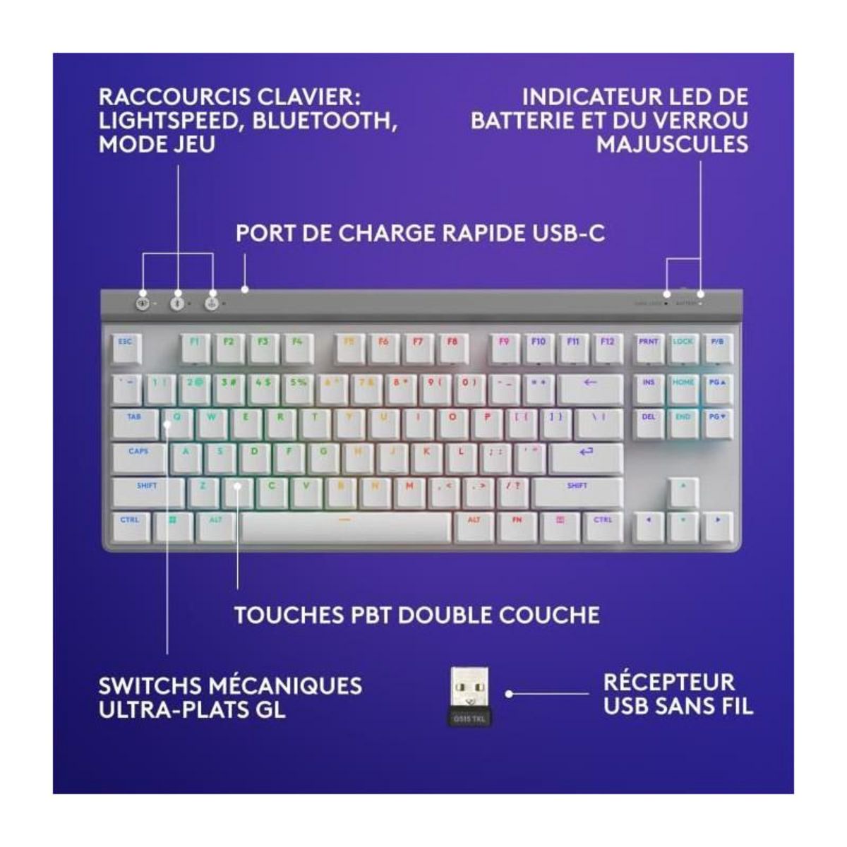 Logitech Clavier gamer sans fil G515 Lightspeed TKL tactile Blanc