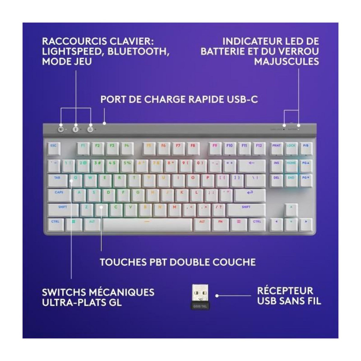 Logitech Clavier gamer sans fil G515 Lightspeed TKL tactile Blanc