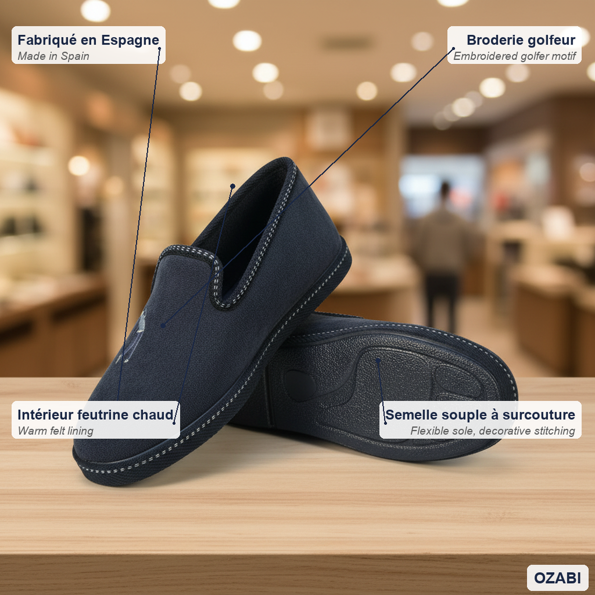 Voir la diapositive 5 : OZABI Ozabi pantoufles charentaises homme fabriquées en espagne broderie fantaisie