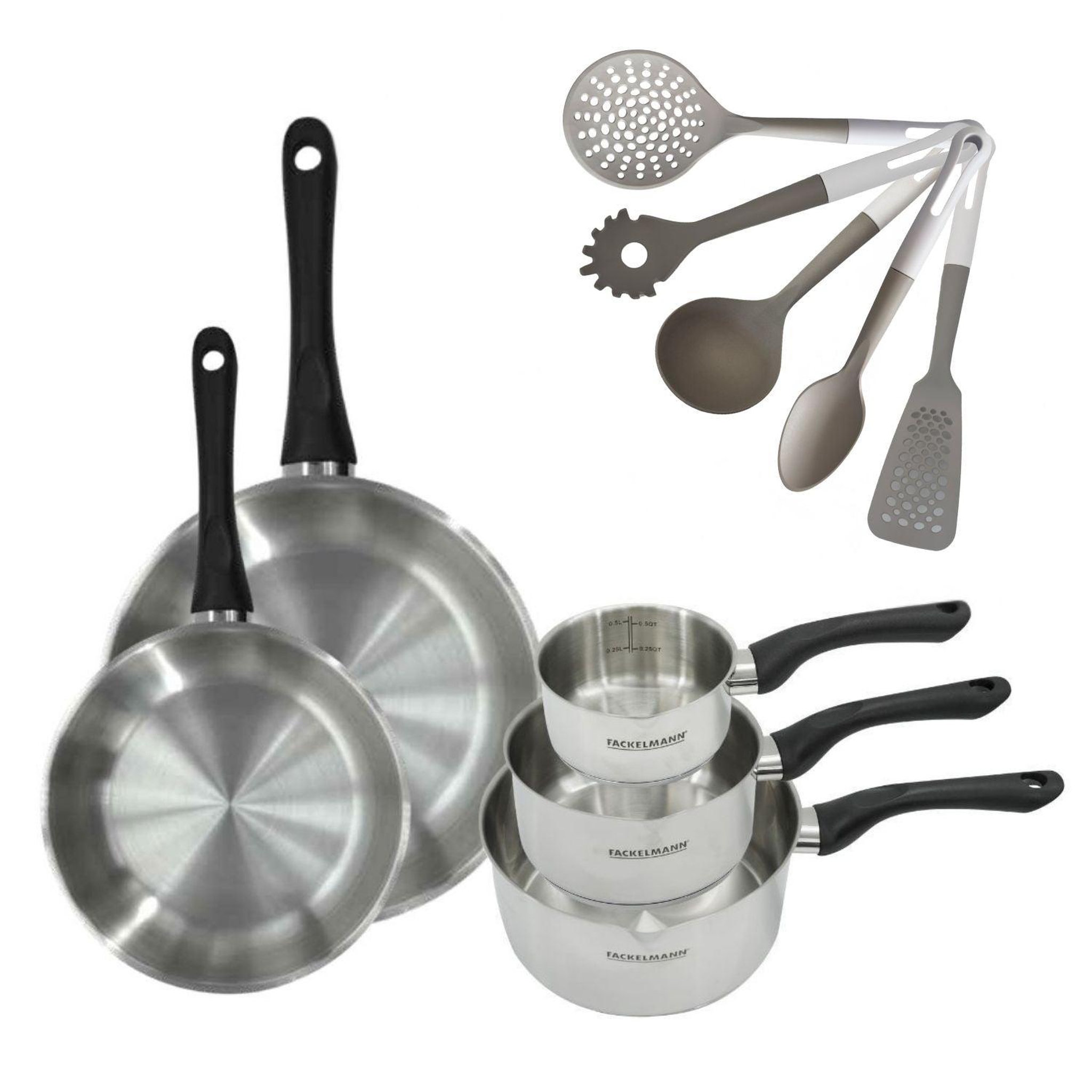 Fackelmann Lot de 2 poêles inox 24/28 cm et 3 casseroles 12/16/20 cm fackelmann geneva avec 5 ustensiles