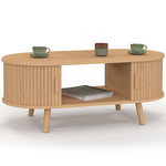 ID MARKET Table basse ovale ROMIE 100 cm 2 portes coulissantes lattes tasseau bois coloris chêne