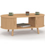 Voir la diapositive 1 : ID MARKET Table basse ovale ROMIE 100 cm 2 portes coulissantes lattes tasseau bois coloris chêne