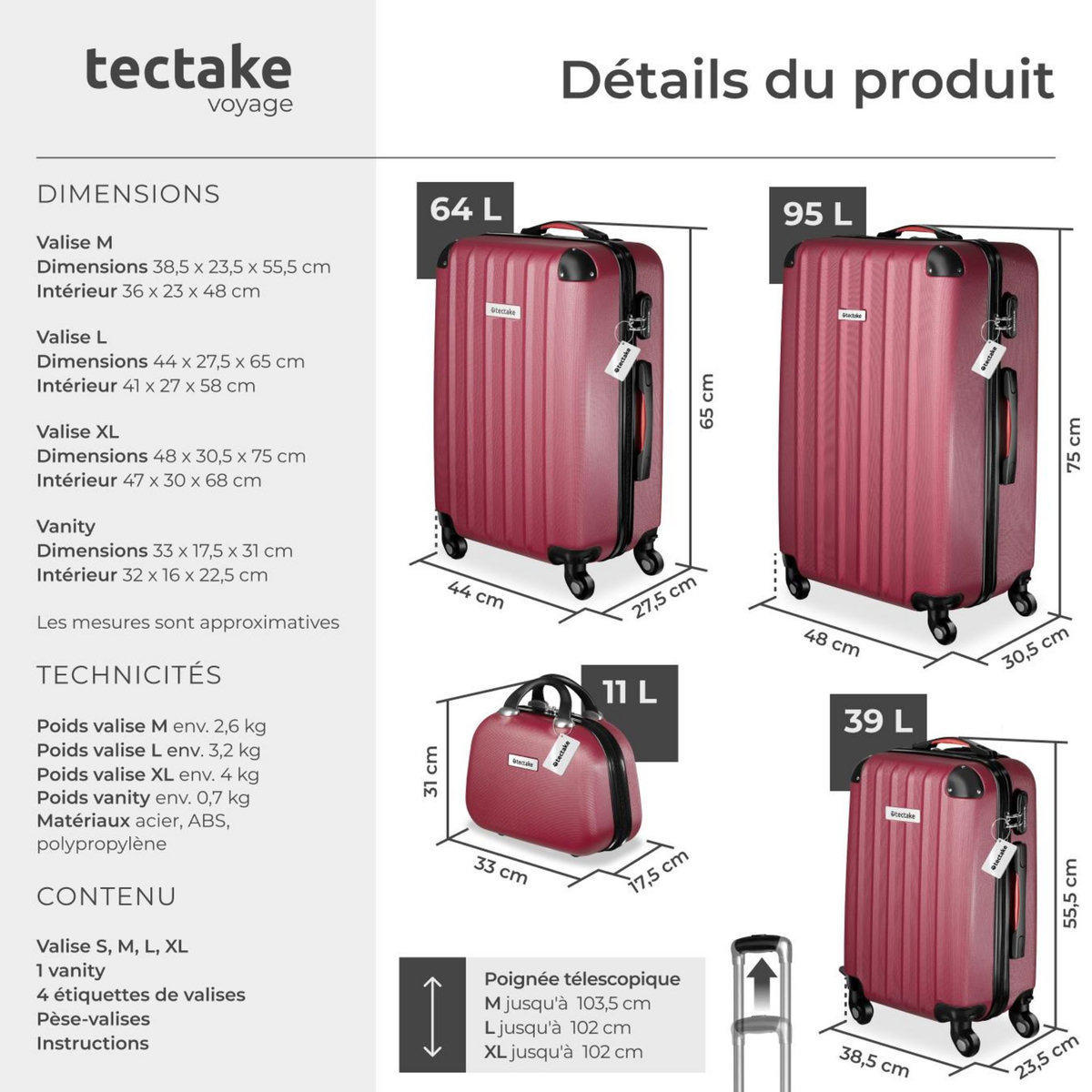 tectake Set de valises rigides 4 pièces, 3 Trolleys, 1 Vanity case, Balance et étiquette bagages inclus rouge bordeaux