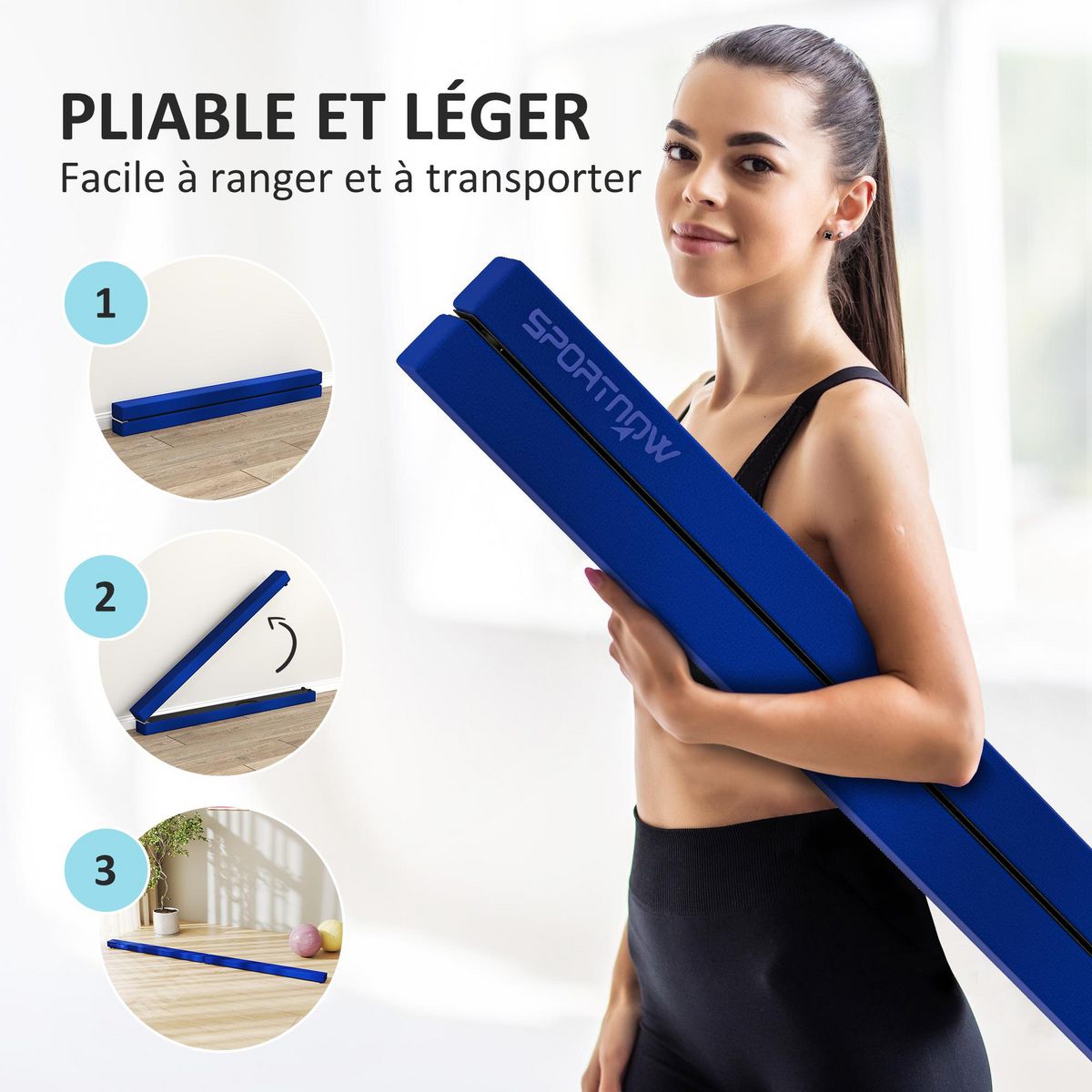 HOMCOM Poutre gymnastique pliable 240 cm - poutre d'équilibre antidérapante - bois de pin revêtement flanelle bleu