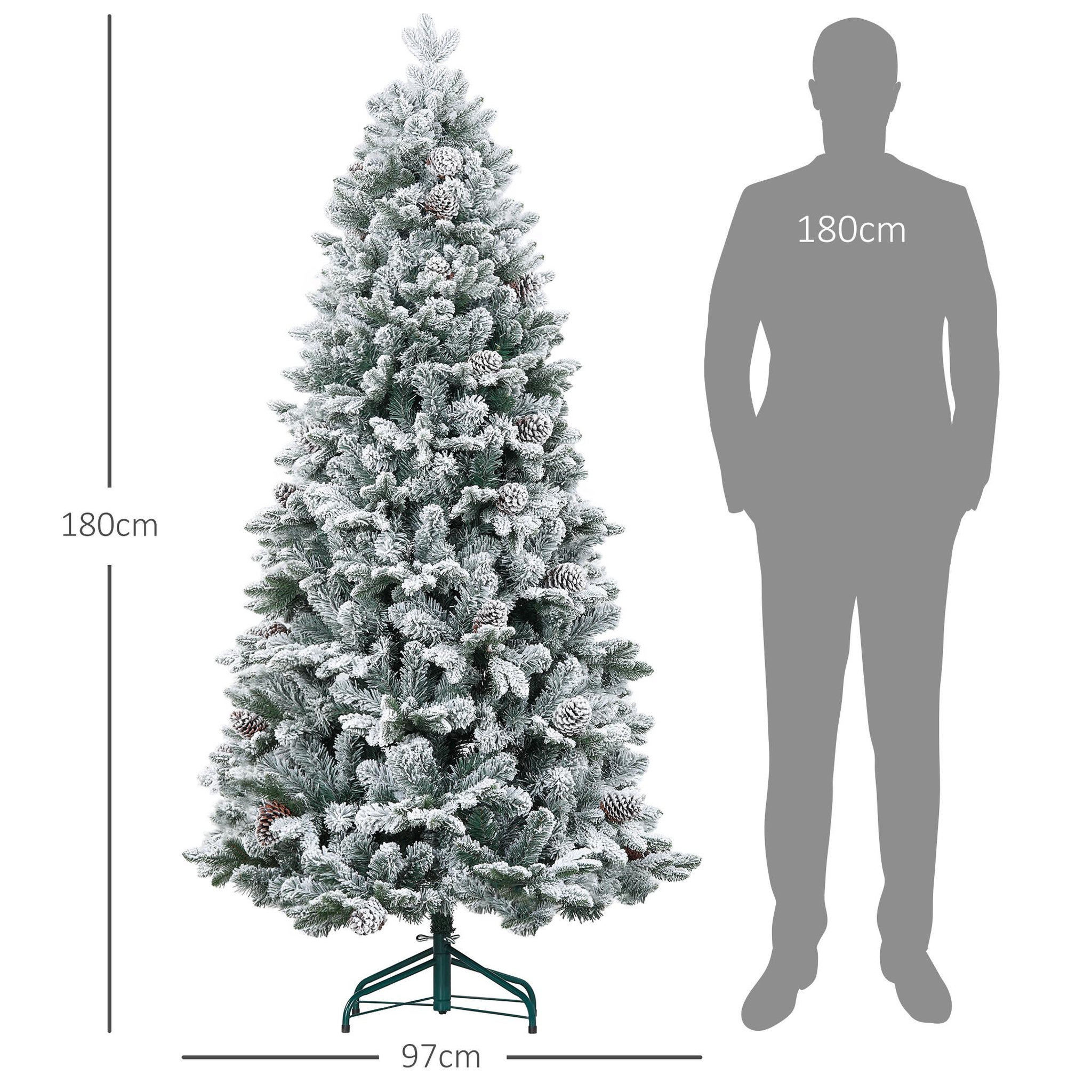 Voir la diapositive 3 : HOMCOM Sapin de Noël artificiel H.180 cm 1489 branches enneigées 33 pommes de pin métal PVC PE vert blanc