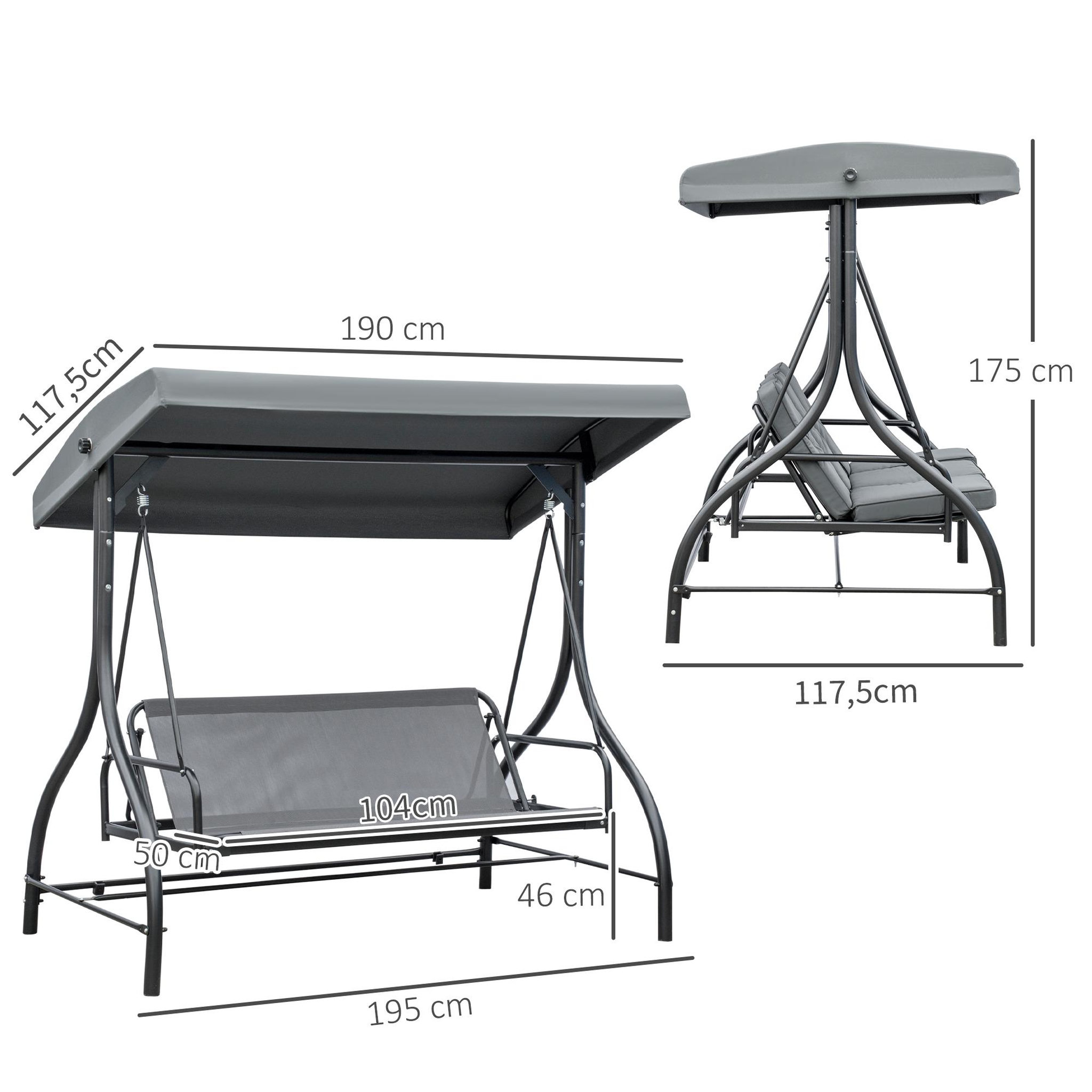 Voir la diapositive 3 : OUTSUNNY Balancelle de jardin 3 places convertible matelas fourni gris métal noir