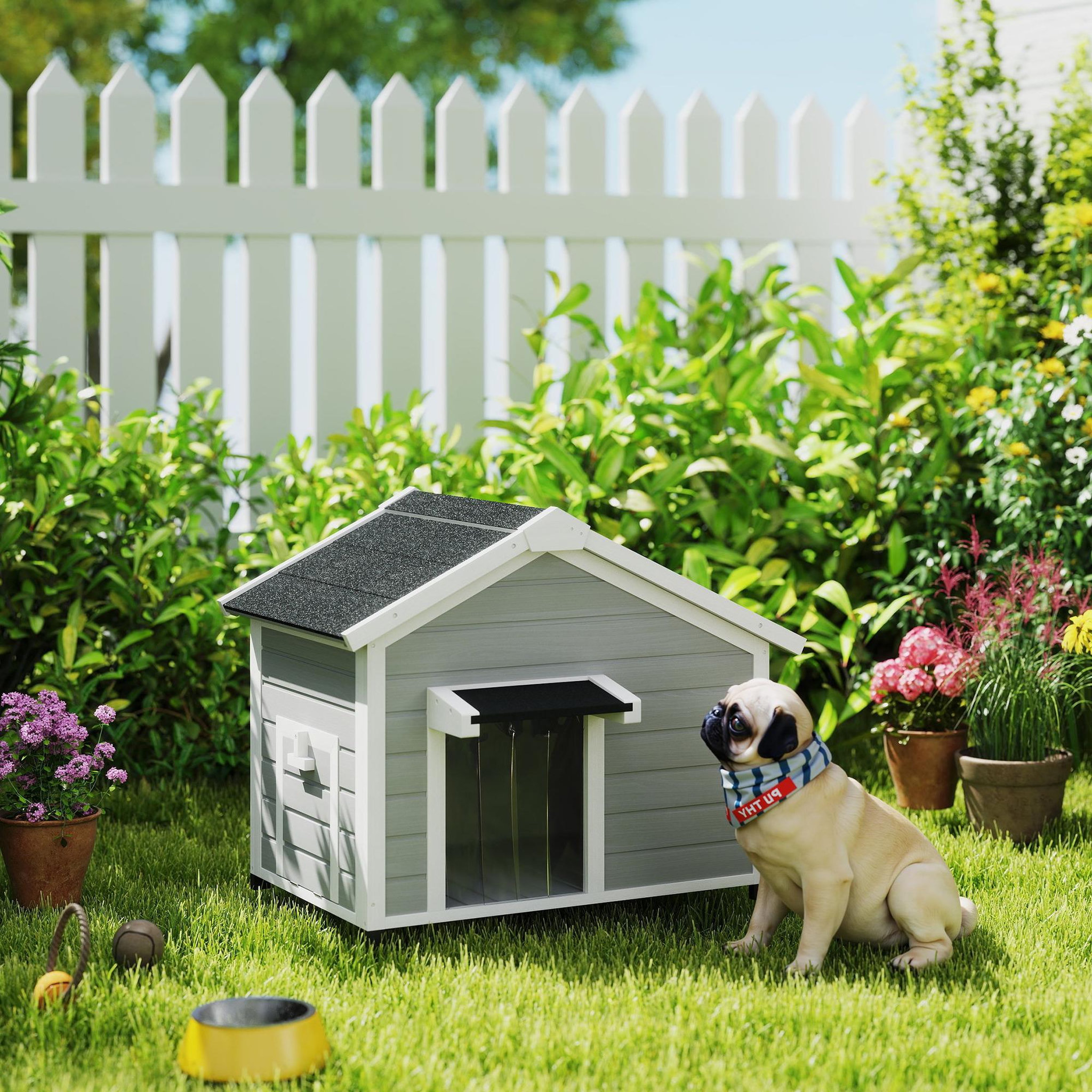 Voir la diapositive 2 : PAWHUT Niche chien sur pied design cottage - toit bitumé ouvrant, 2 portes, rideau à lanières - bois blanc gris