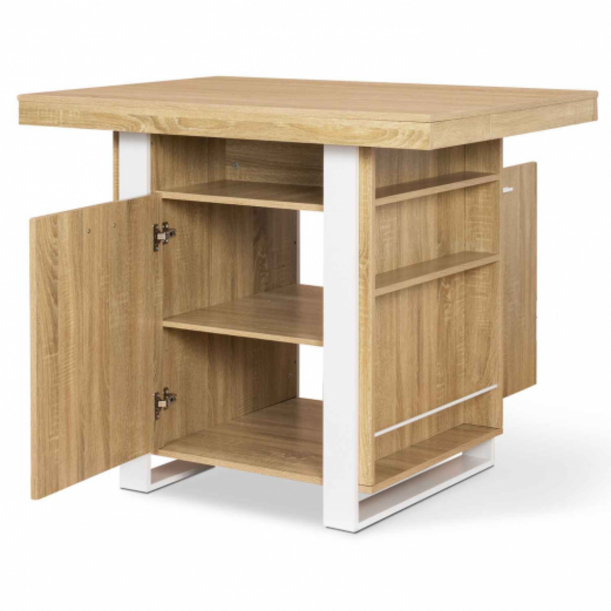 ID MARKET Ilot central PHOENIX 110 cm bois et blanc avec rangements