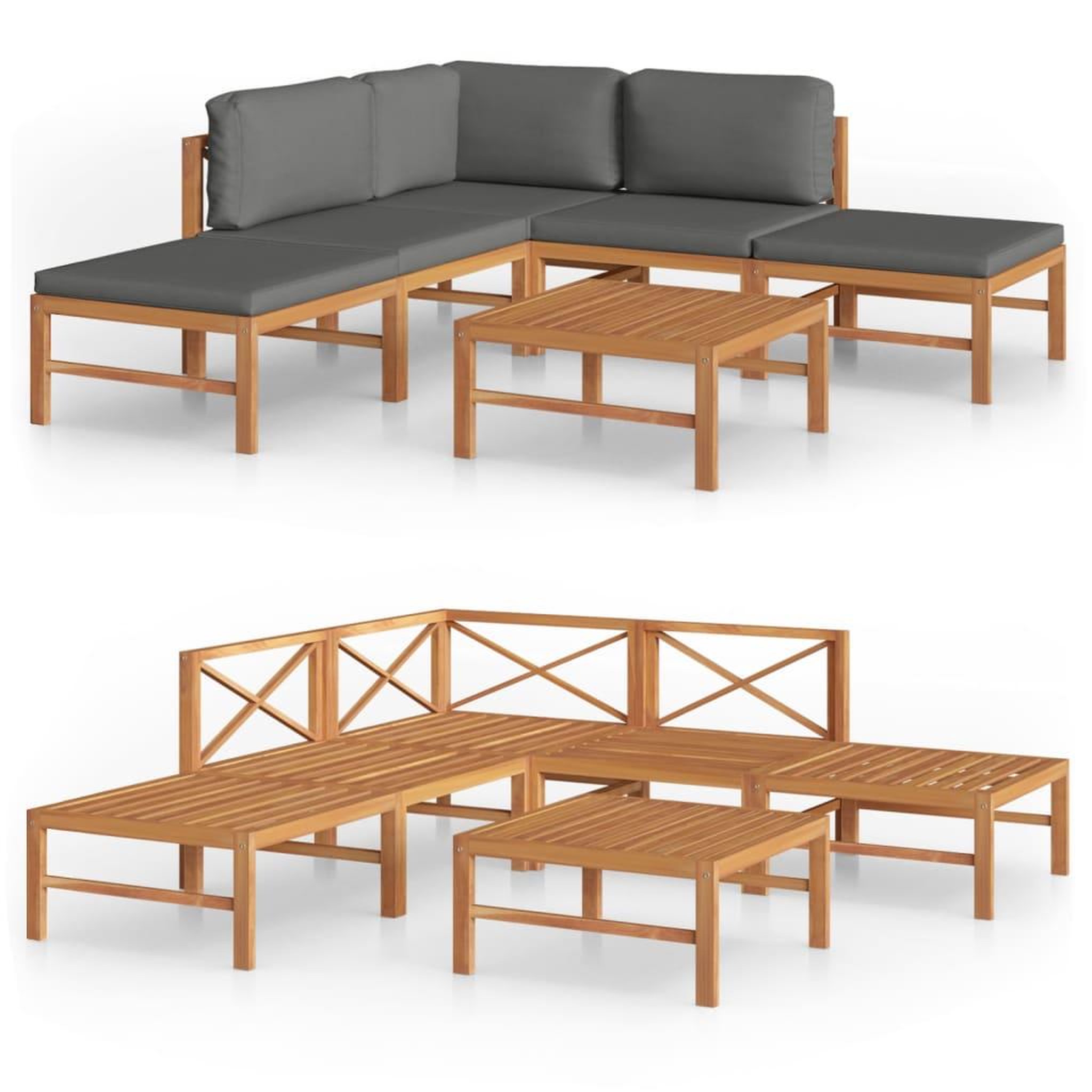 Voir la diapositive 2 : VIDAXL Salon de jardin 6 pcs avec coussins gris Bois de teck solide