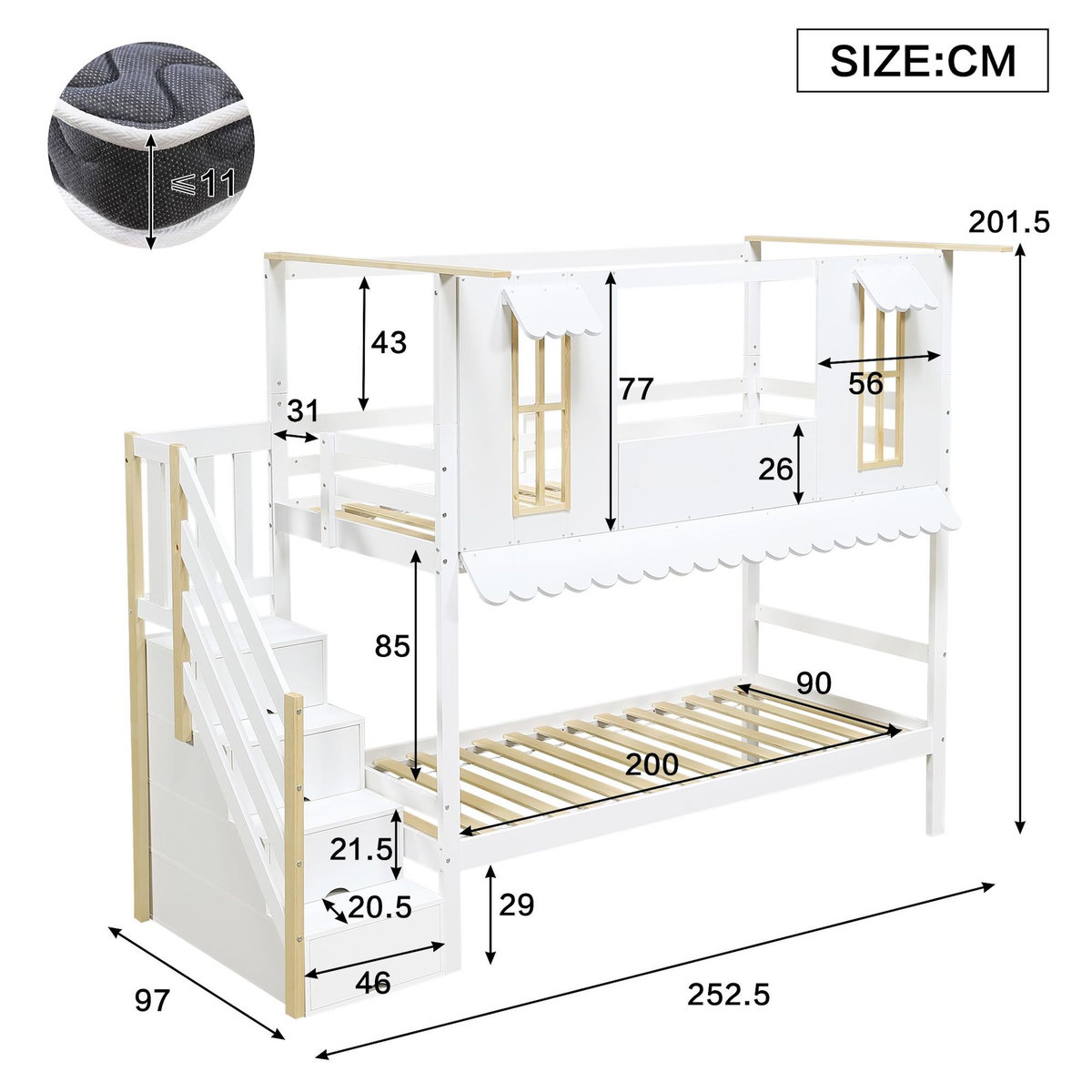 MERAX Lit superposé 90x200cm coloris blanc+naturel pin et mdf