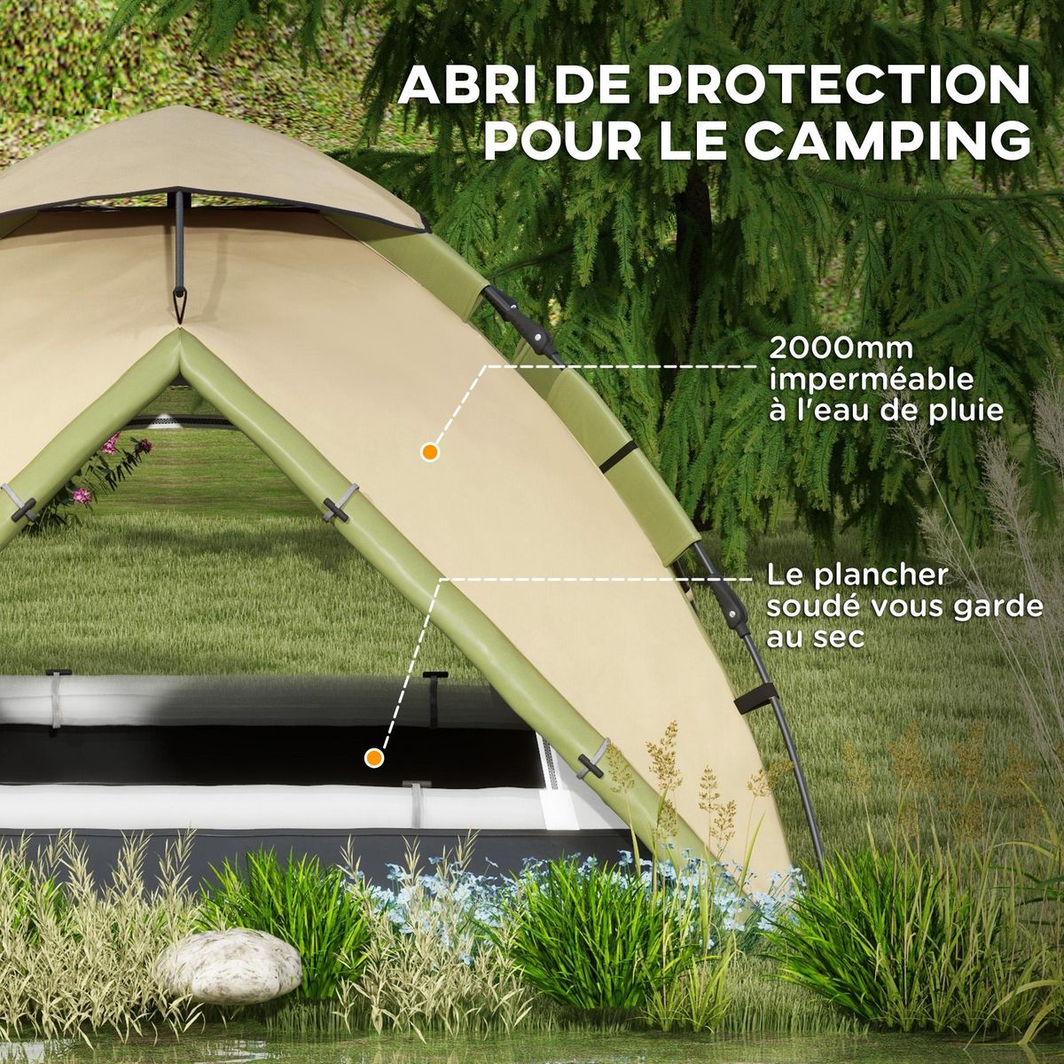 OUTSUNNY Tente de camping familiale 3-4 pers. tente dôme étanche 2000 mm sac de transport vert marron
