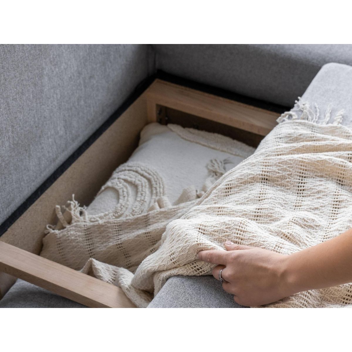 BEST MOBILIER Lagom - canapé d'angle panoramique - convertible - avec coffre - en tissu - 7 places - droit