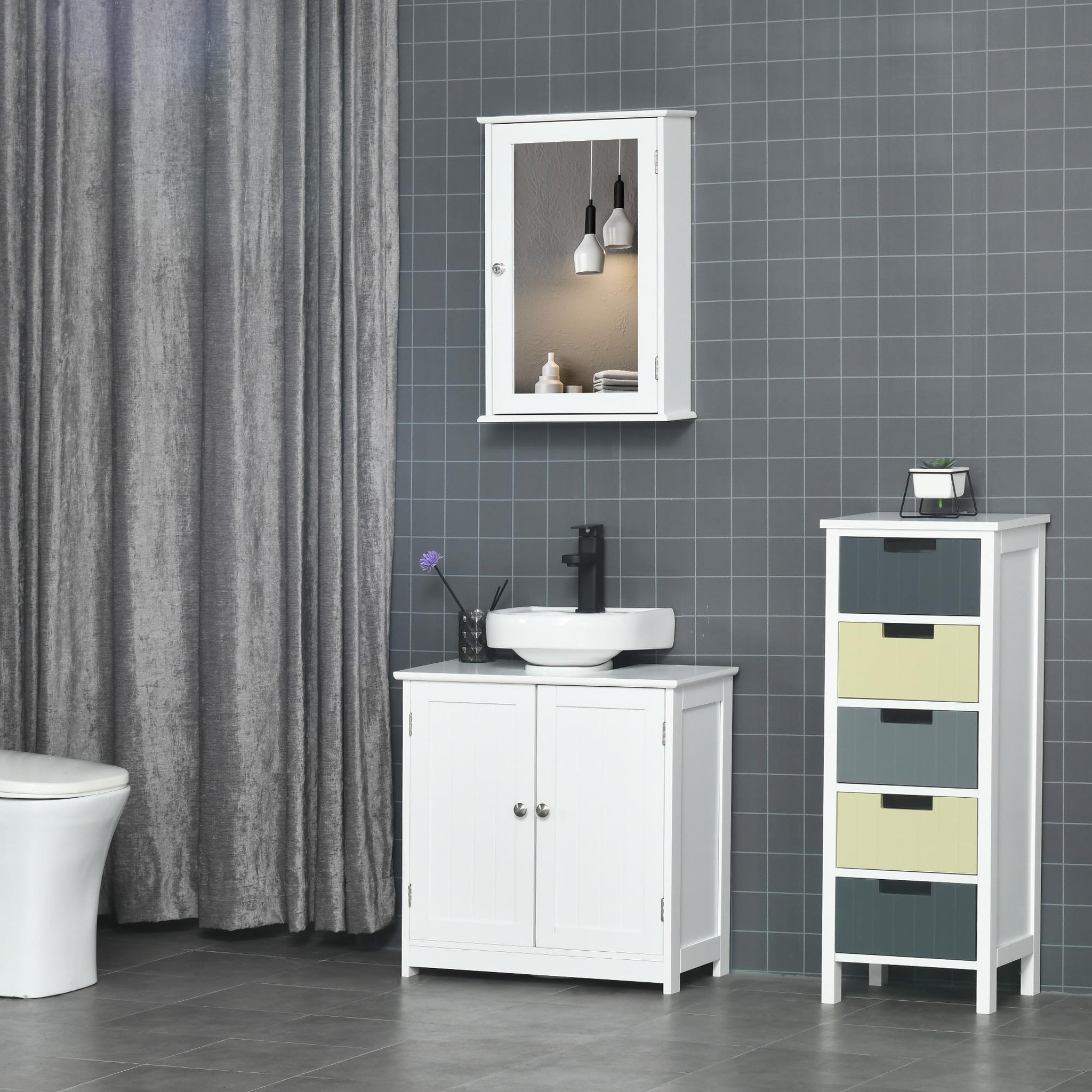 Voir la diapositive 4 : KLEANKIN Armoire murale de salle de bain avec miroir - armoire à glace - placard de rangement toilettes - 1 porte, 2 étagères - verre mdf blanc
