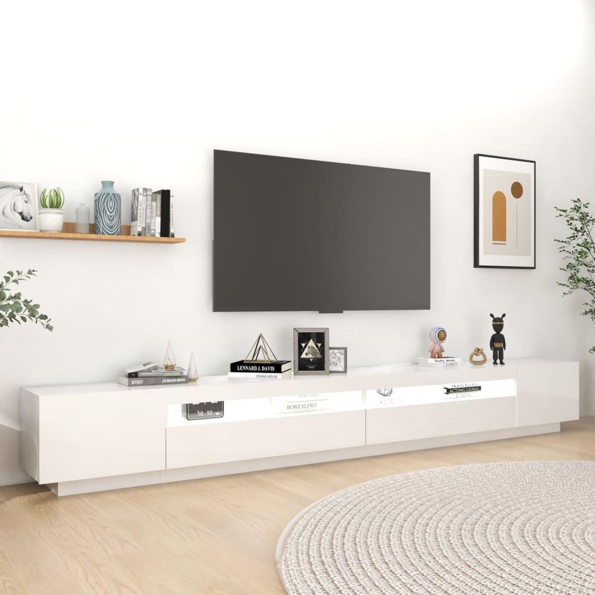 VIDAXL Meuble TV avec lumieres LED Blanc brillant 300x35x40 cm
