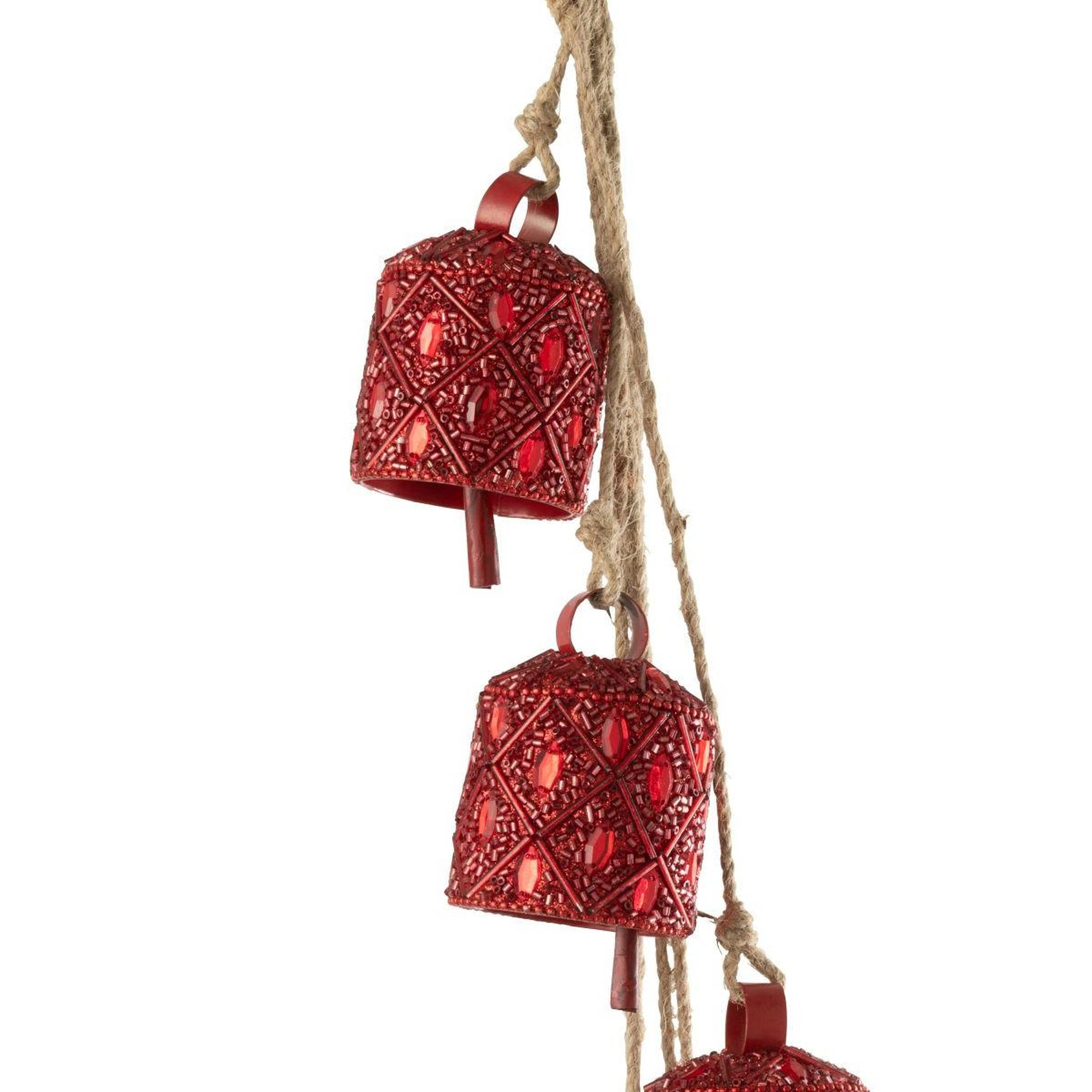 Voir la diapositive 2 : J-LINE Suspension de noël perlée  7 cloches  45cm rouge