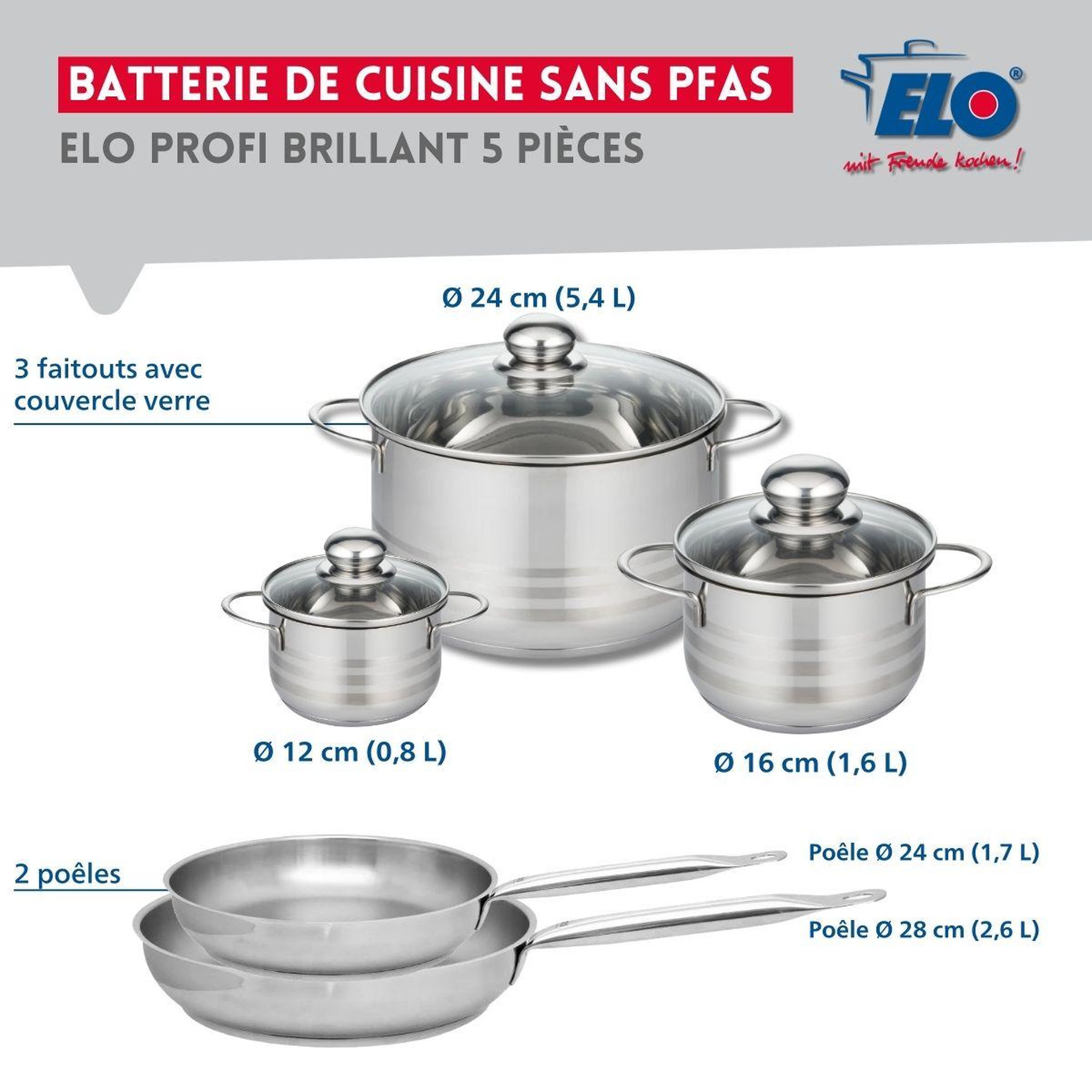 Voir la diapositive 2 : ELO Ensemble de 2 poêles de cuisson 24 et 28 cm et 3 faitouts 12, 16 et 24 cm elo profi brillant