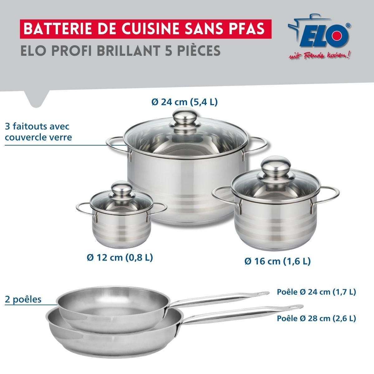 ELO Ensemble de 2 Poêles de cuisson 24 et 28 cm et 3 faitouts 12, 16 et 24 cm Elo Profi Brillant