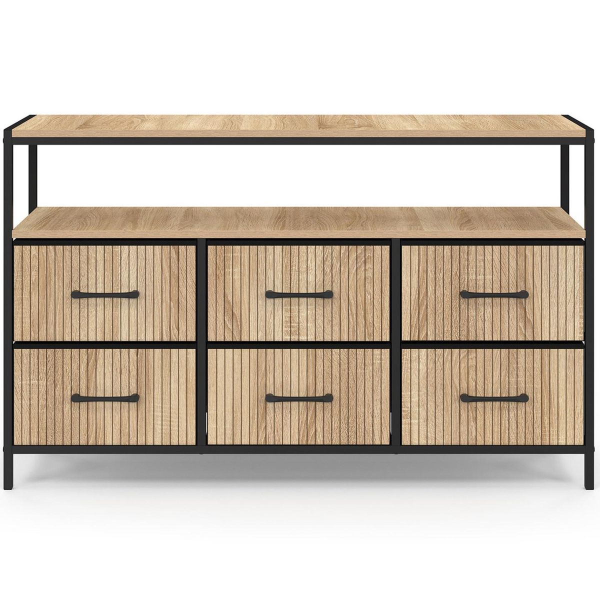 ID MARKET Commode 6 tiroirs en tissu UTAH 115 CM avec niche effet lattes meuble de rangement design industriel