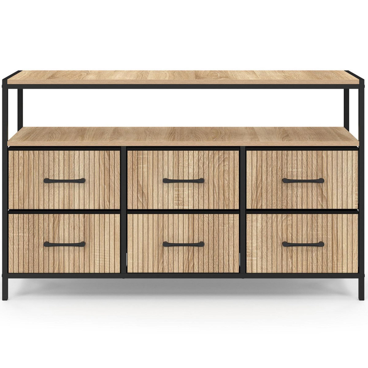 ID MARKET Commode 6 tiroirs en tissu UTAH 115 CM avec niche effet lattes meuble de rangement design industriel