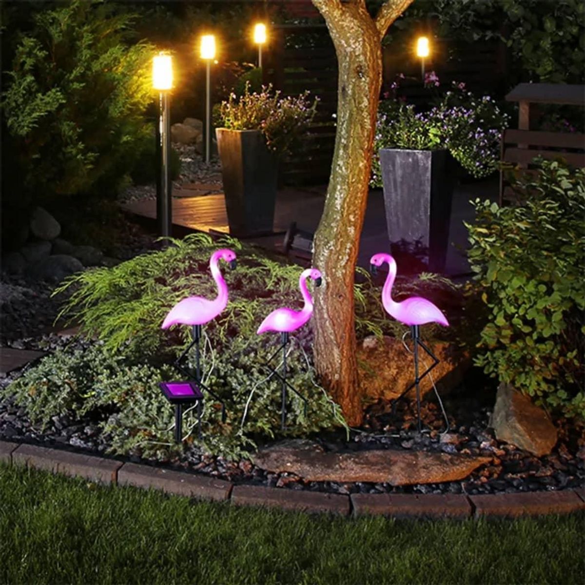 HI HI Pieu de jardin solaire a LED Flamant rose 3 pcs