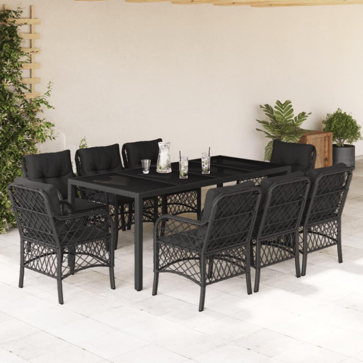 VIDAXL Ensemble a manger de jardin 9pcs coussins noir resine tressee