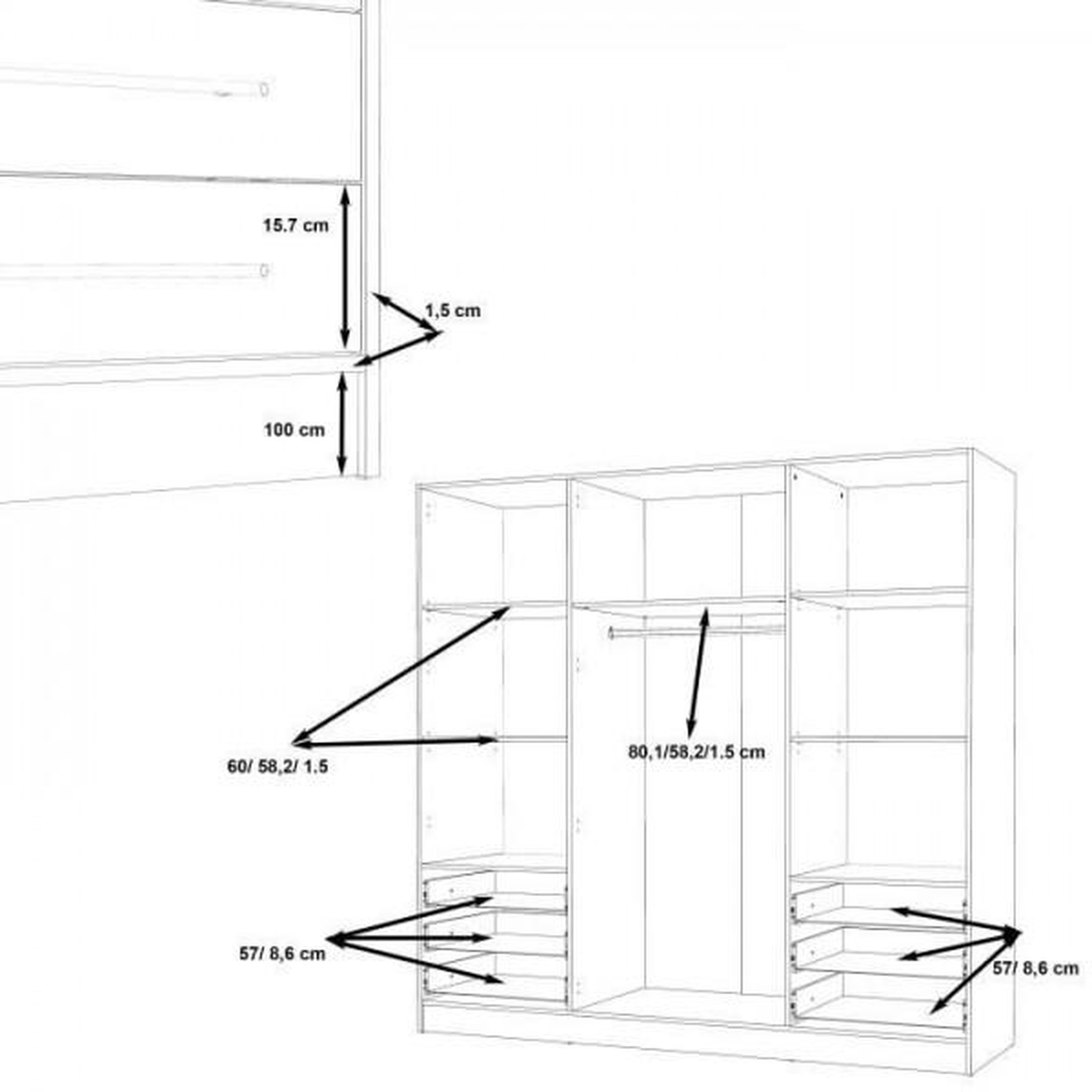 Voir la diapositive 6 : MARKET24 Armoire 4 portes battantes + 6 tiroirs - Bois aggloméré - Blanc mat - L 206,5 x P 60 x H 200 cm - JUPITER