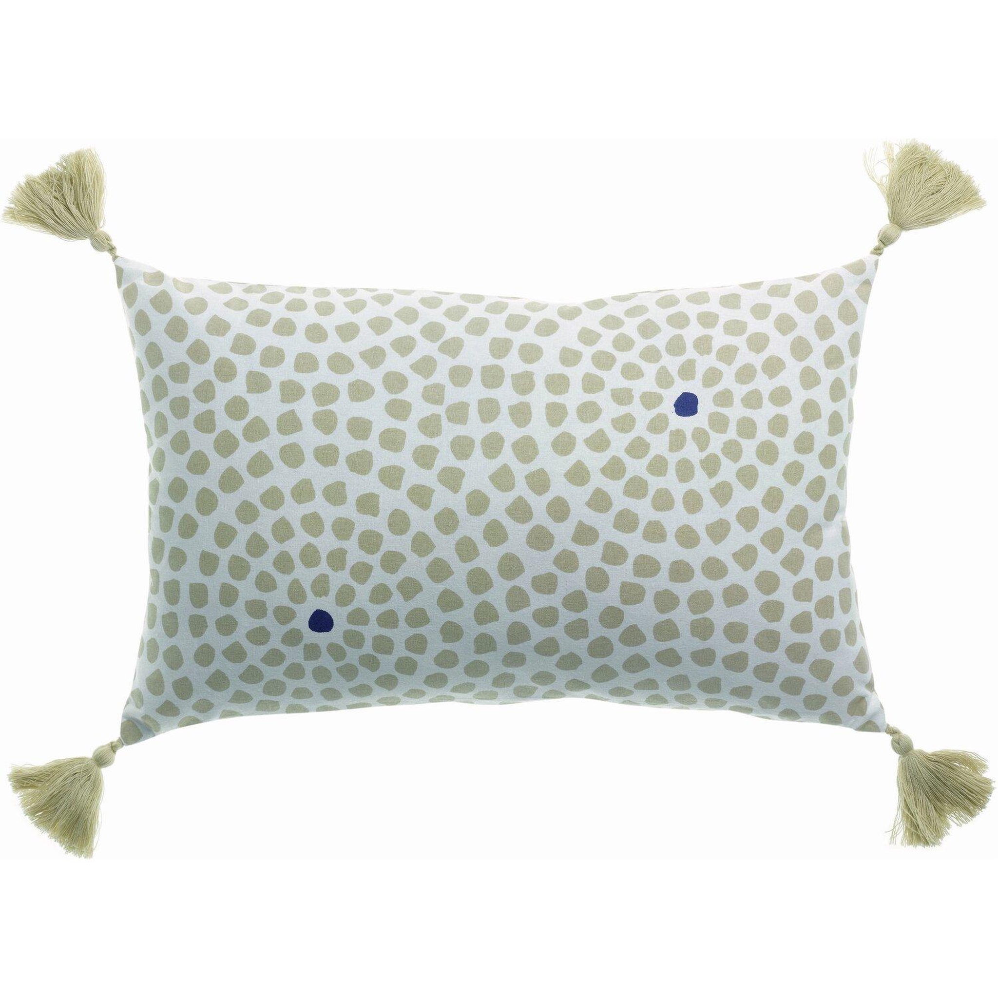 Les Ateliers du Linge Coussin jaita imprime reversible dehoussable avec pompons. Coloris disponibles : Blanc, Rose
