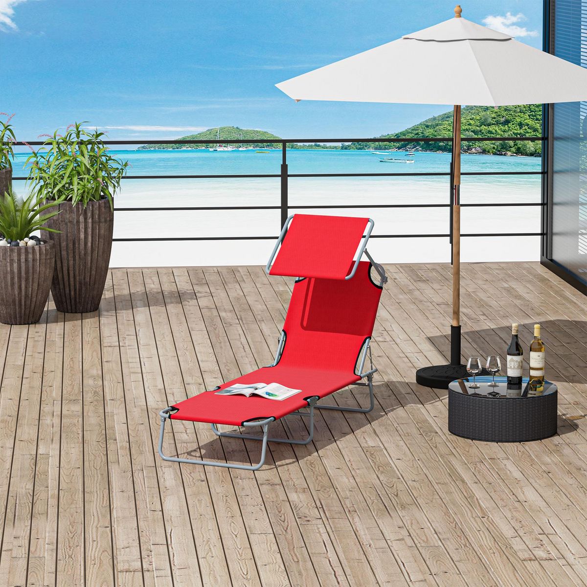OUTSUNNY Transat bain de soleil pliable grand confort dossier et pare-soleil réglable multi-positions rouge