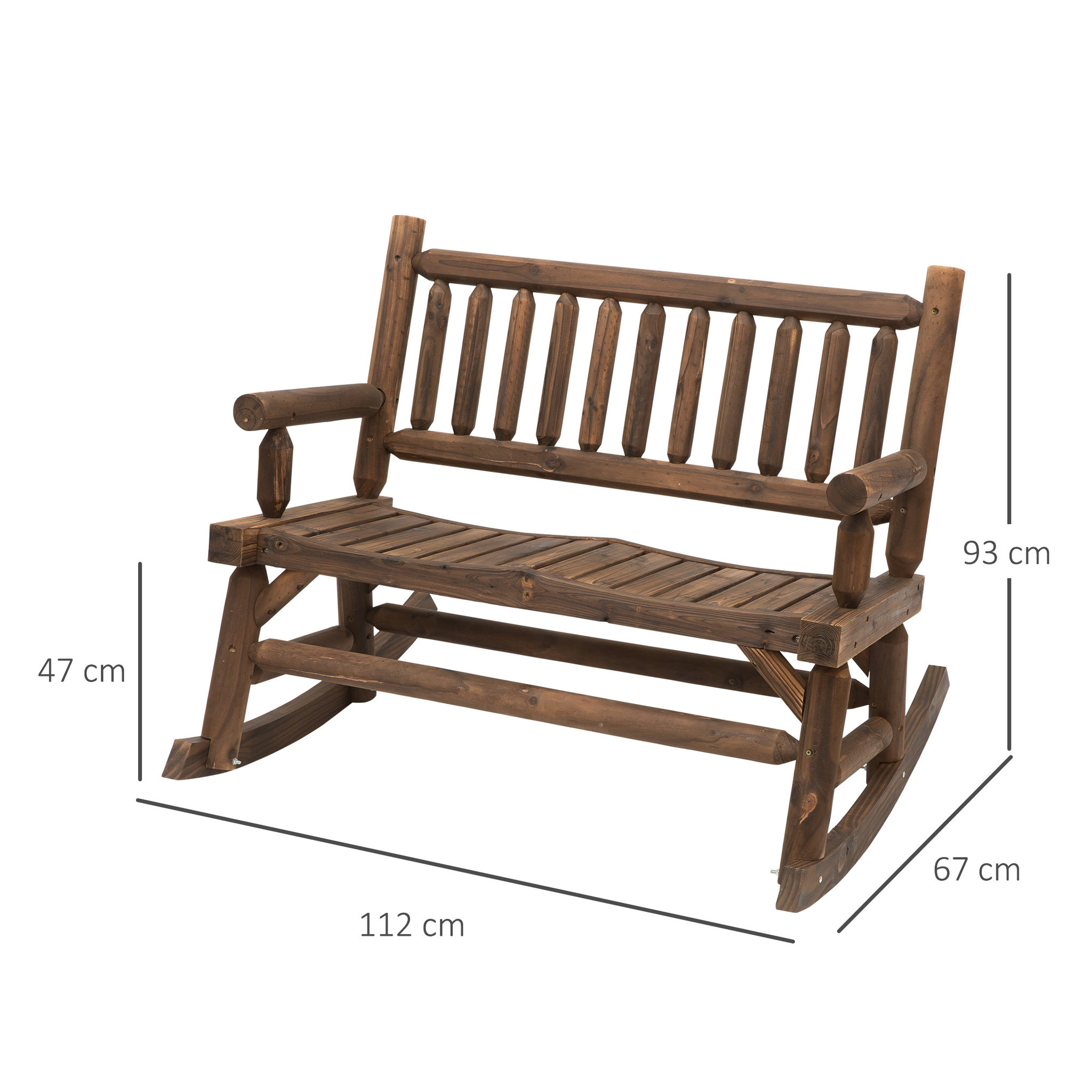 Voir la diapositive 3 : OUTSUNNY Banc à bascule de jardin 2 places style rural chic structure dossier accoudoirs aspect rondins de bois assise à lattes sapin traité carbonisation