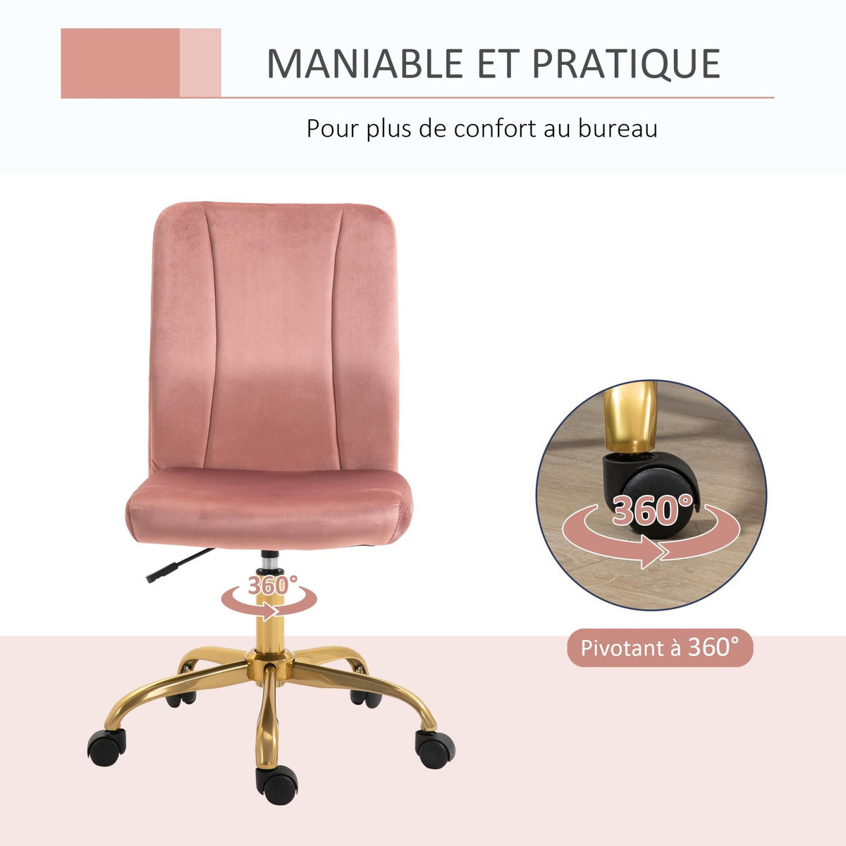 VINSETTO Vinsetto Chaise de bureau style Art déco hauteur réglable pivotante 360° piètement métal doré velours rose poudré