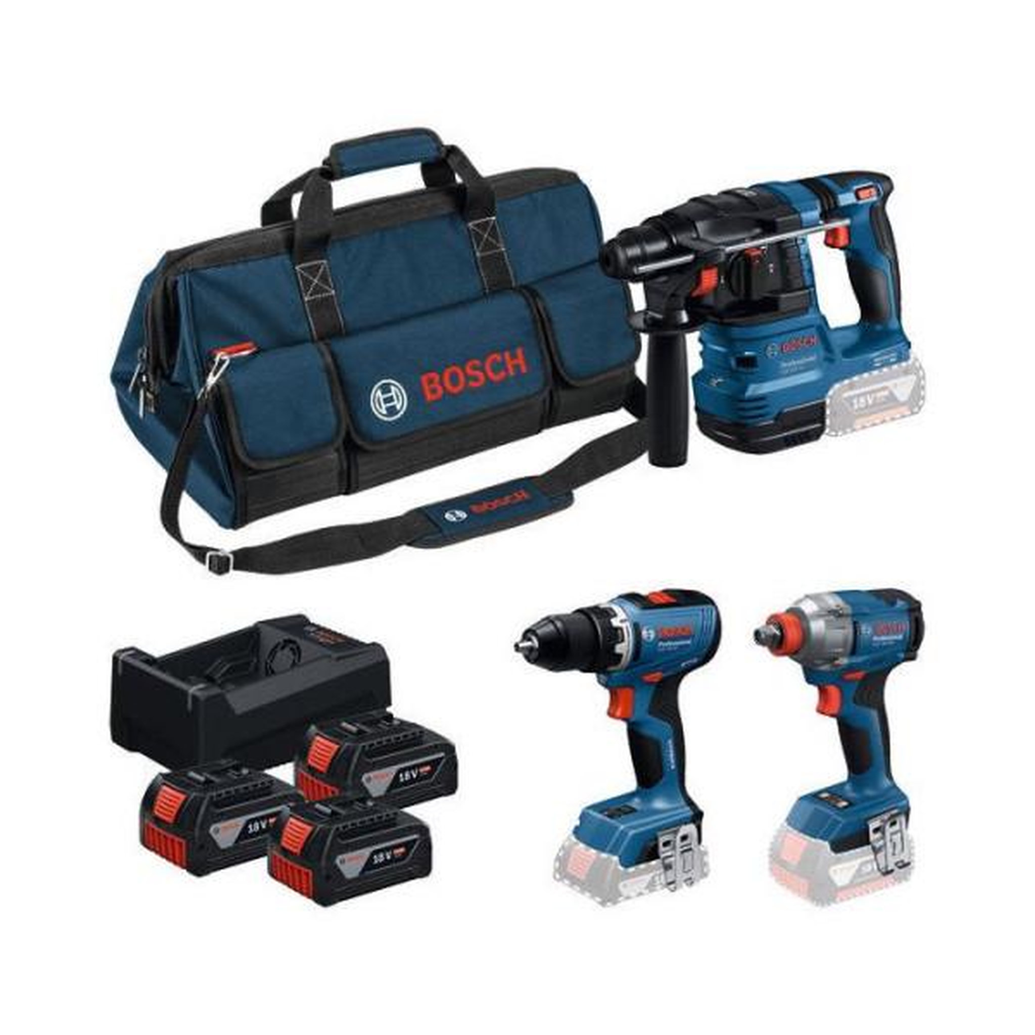 Bosch Professional Combo kit 3 outils 18v : gsr 18v-65 + gdx 18v-285 + gbh 18v-22 +gba 18v 3x5,0ah + gal 12v-18v-80 + sac